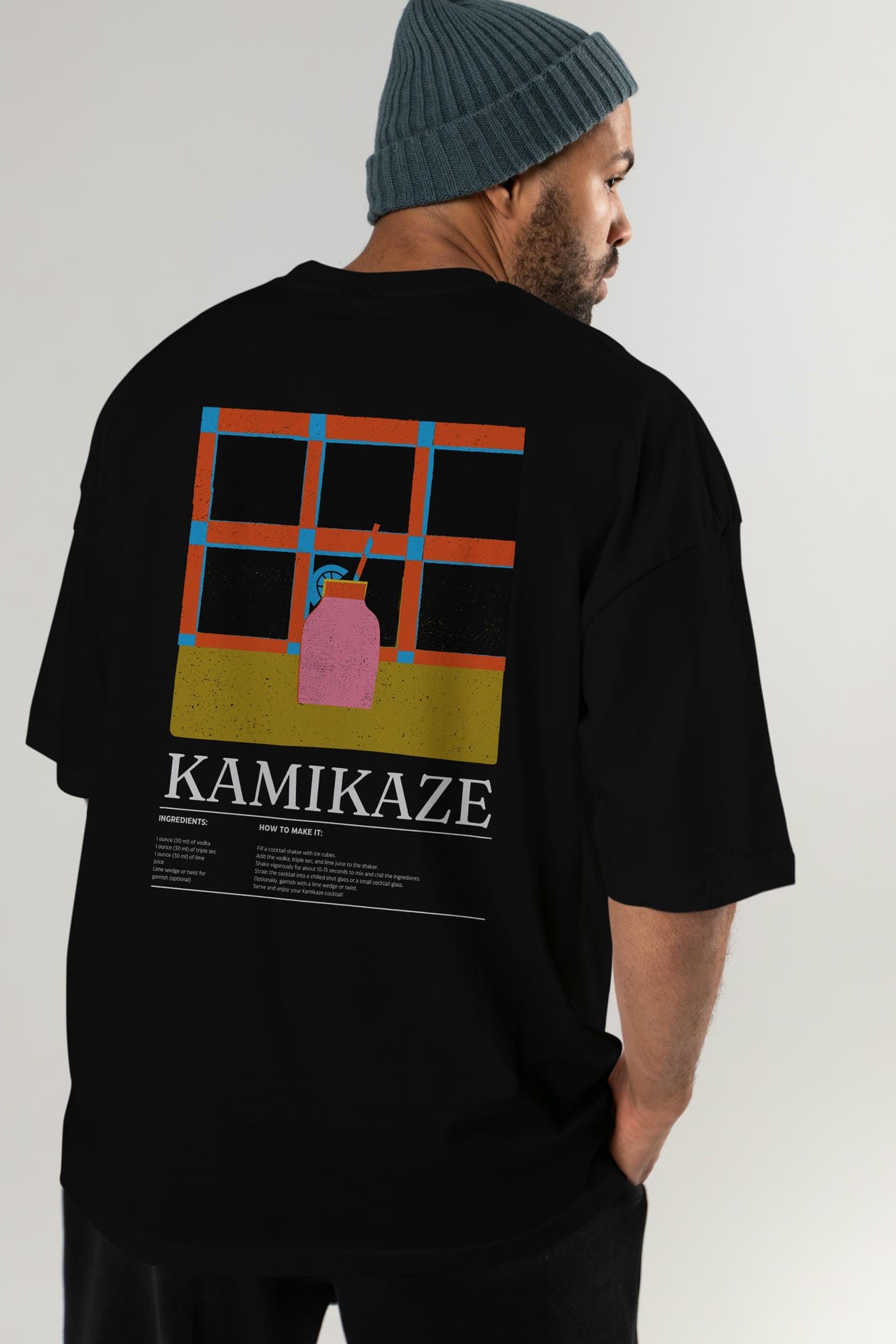 Kamikaze Kokteyl Serisi Arka Baskılı Oversize t-shirt Erkek Kadın %100 Pamuk Bisiklet Yaka tişort