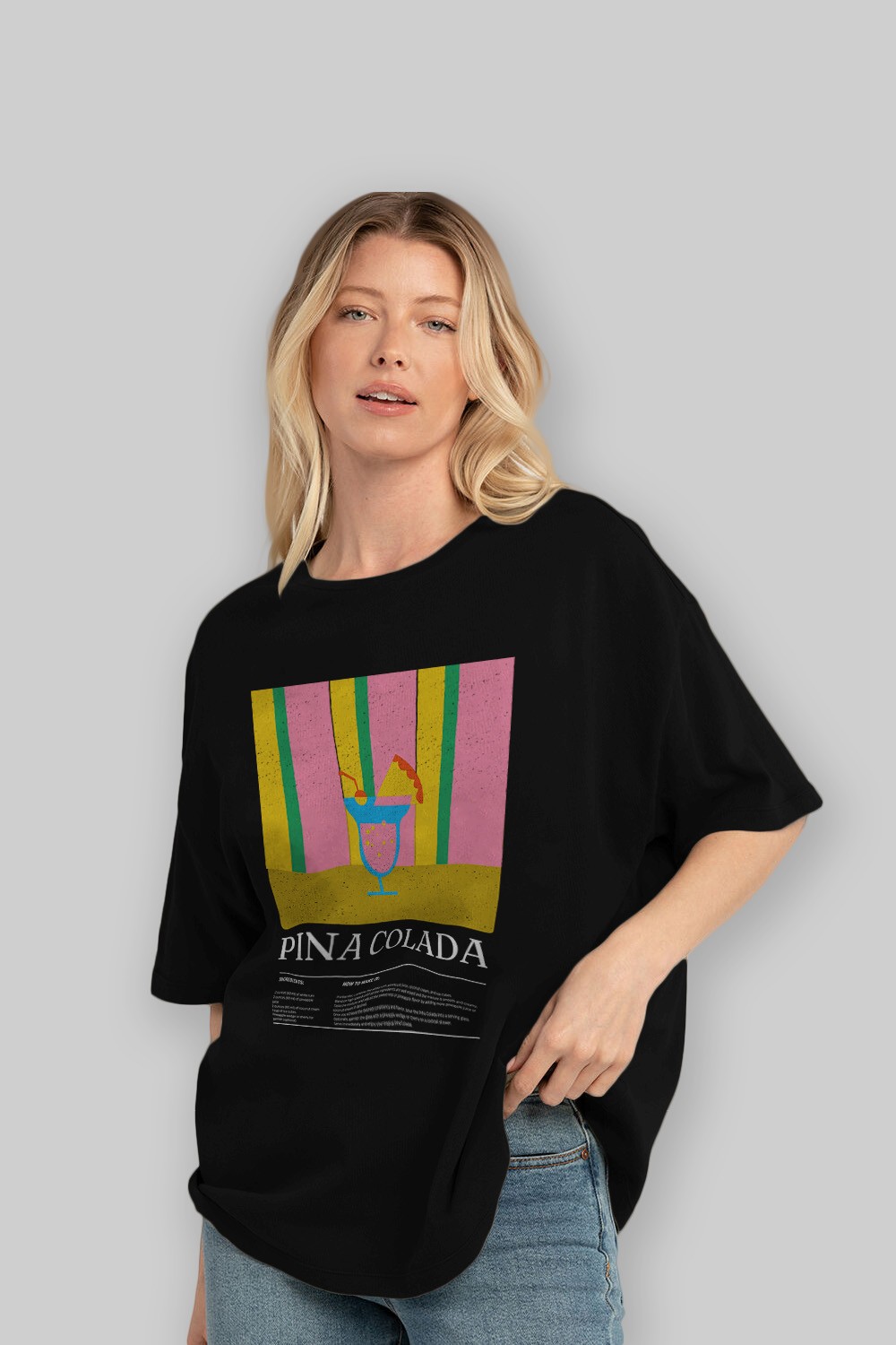 Pina Colada Kokteyl Ön Baskılı Oversize t-shirt Erkek Kadın %100 Pamuk Bisiklet Yaka tişort
