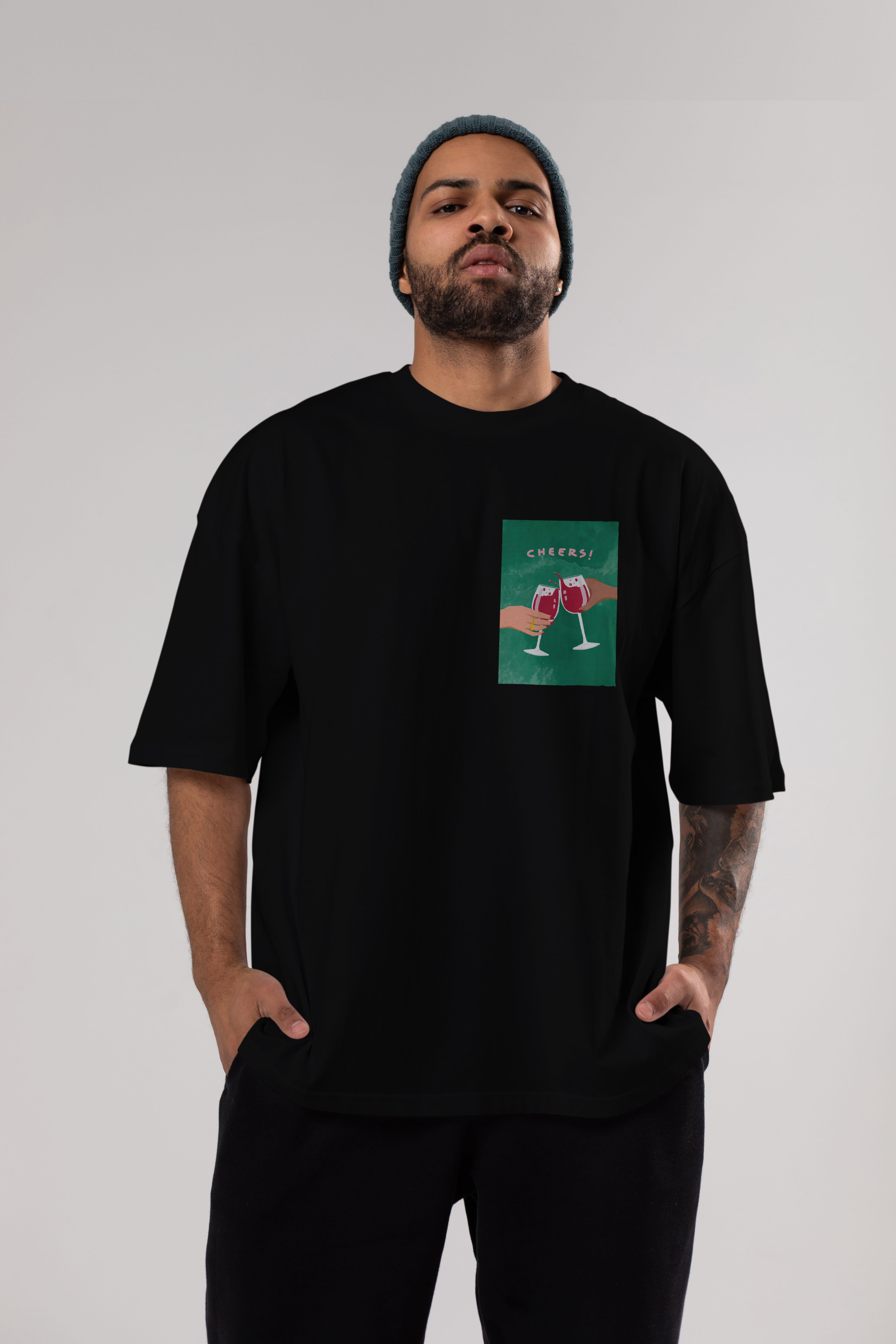 Cheers Ön Sol Baskılı Oversize t-shirt Erkek Kadın Unisex %100 Pamuk Bisiklet Yaka tişort