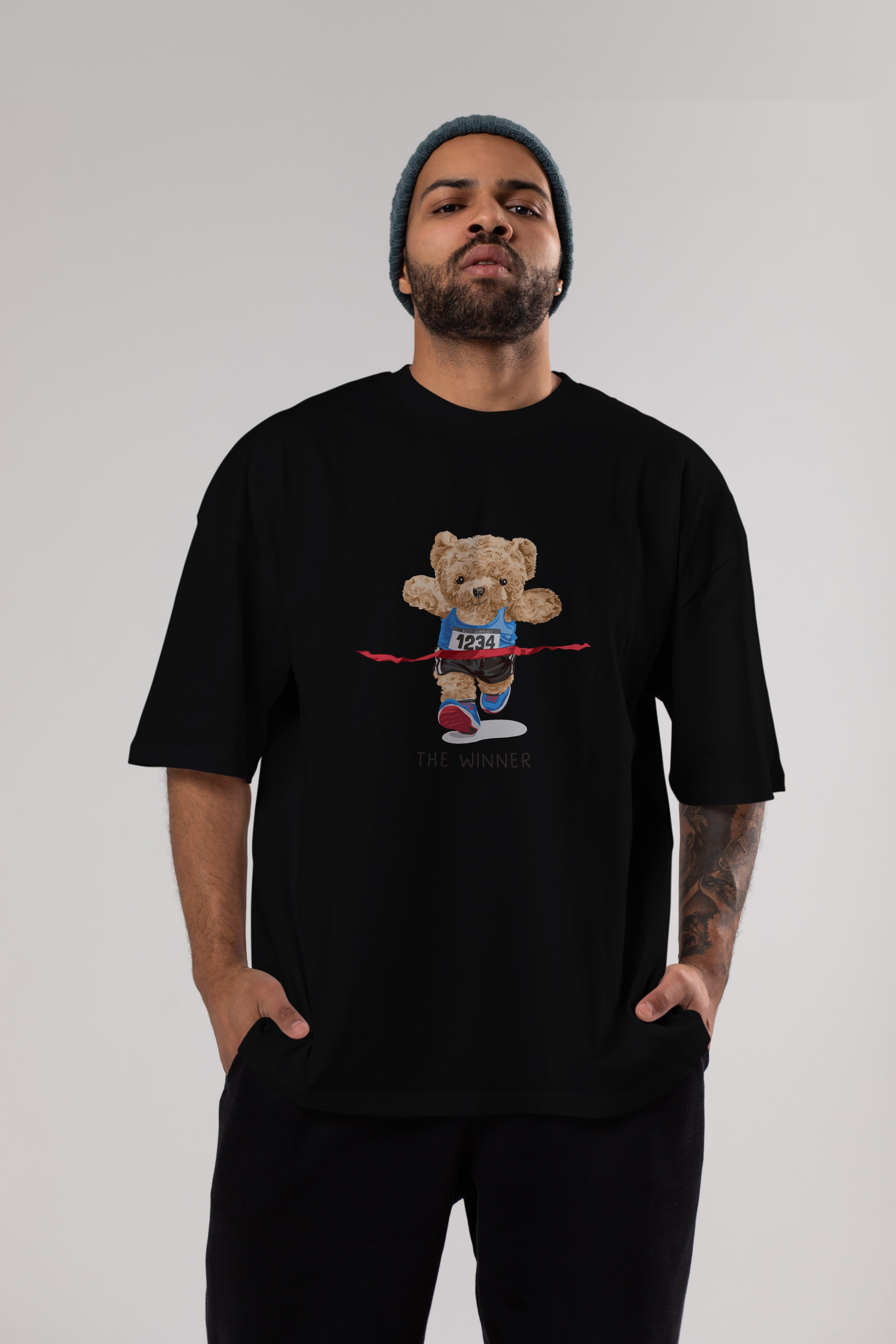 Teddy Bear The Winner Ön Baskılı Oversize t-shirt Erkek Kadın Unisex %100 Pamuk