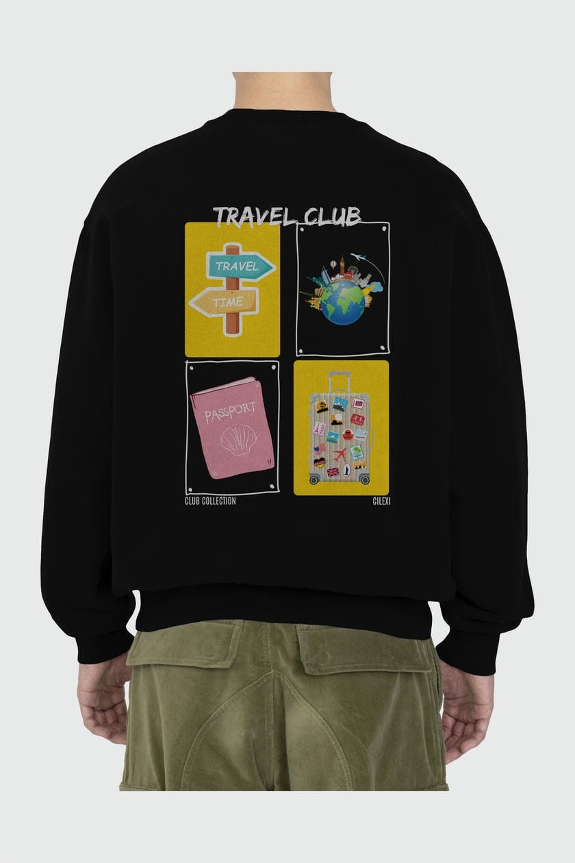 Travel Club Arka Baskılı Oversize Sweatshirt Erkek Kadın Unisex
