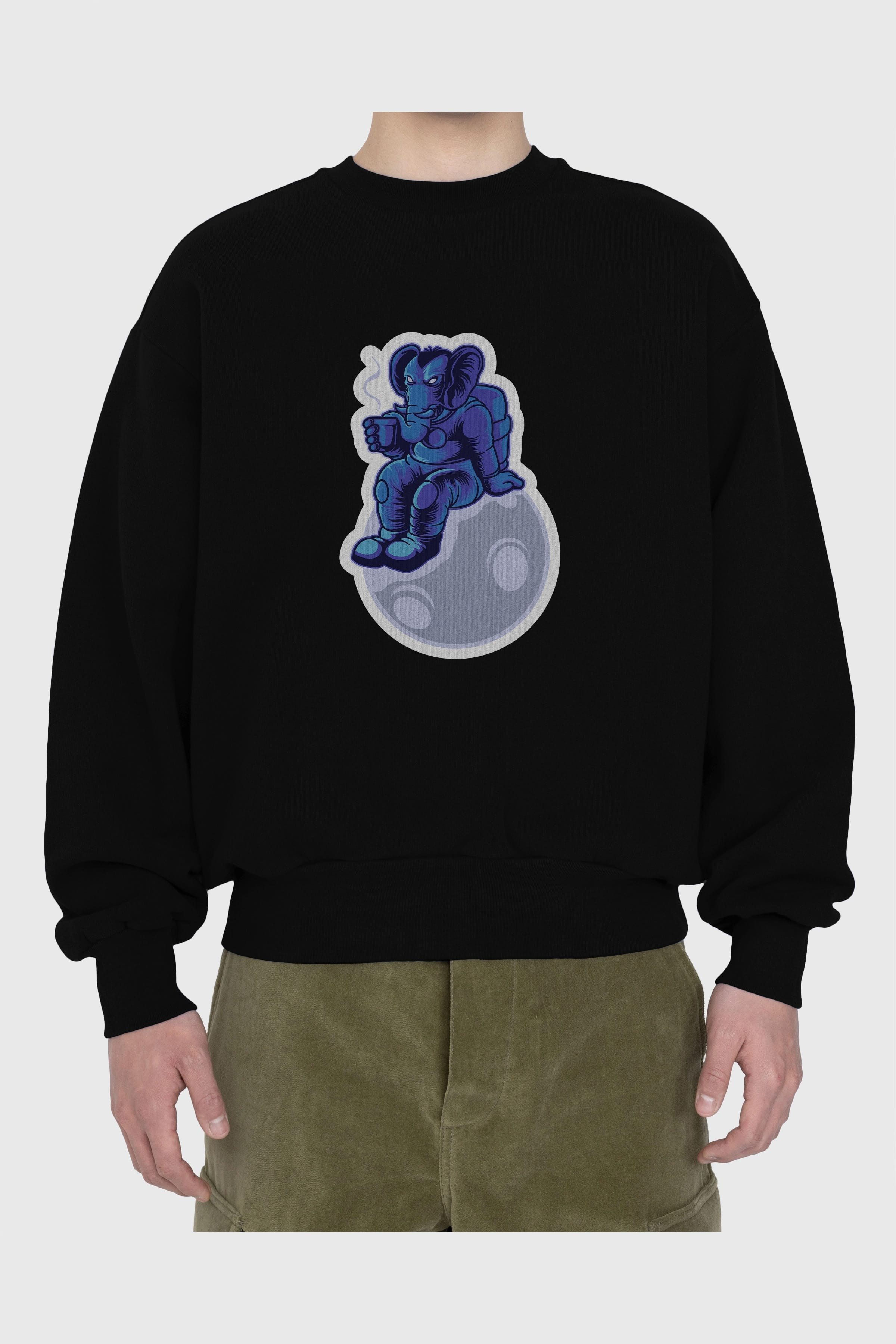 Space Elephant Drink Coffee Sticker Ön Baskılı Oversize Sweatshirt Erkek Kadın Unisex