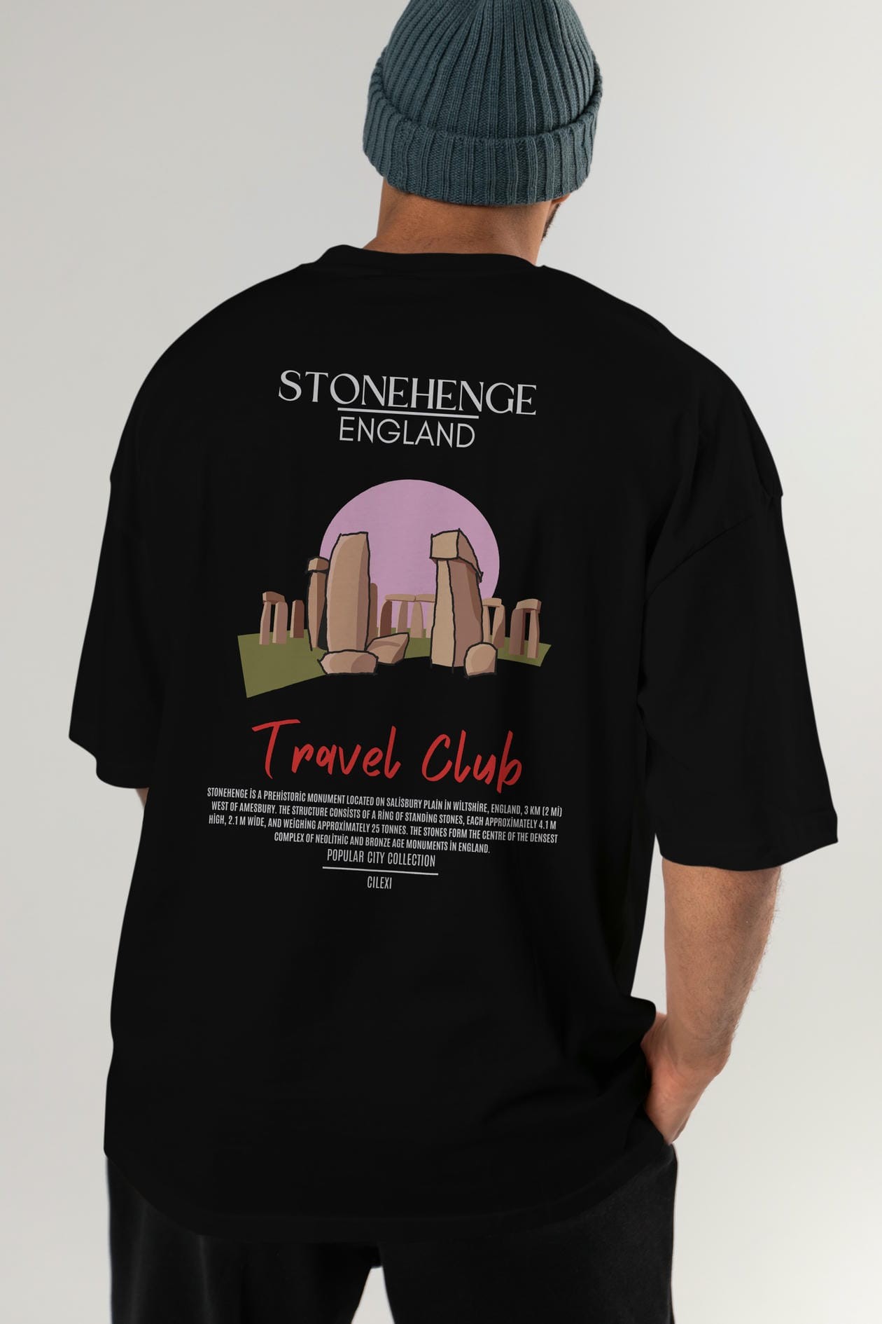 Stonehenge England Arka Baskılı Oversize t-shirt Erkek Kadın Pamuk Bisiklet Yaka tişort