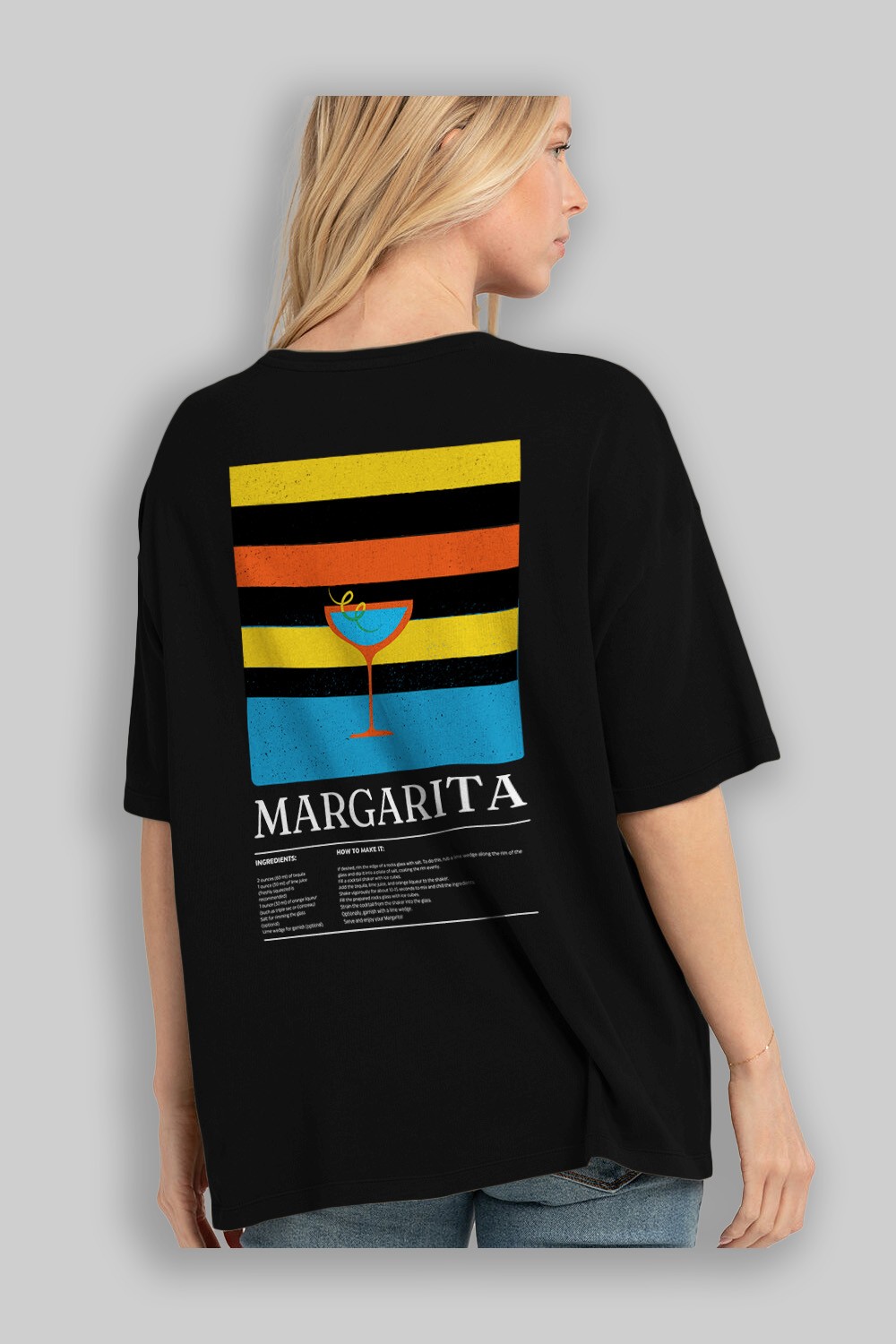 Margarita Kokteyl Serisi Arka Baskılı Oversize t-shirt Erkek Kadın %100 Pamuk Bisiklet Yaka tişort