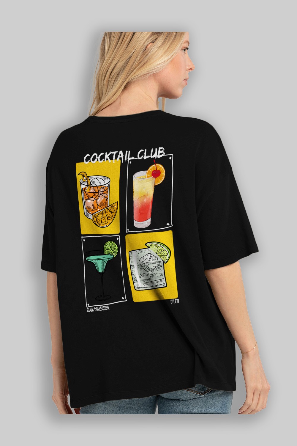 Cocktail Club Arka Baskılı Oversize t-shirt Erkek Kadın %100 Pamuk Bisiklet Yaka tişort