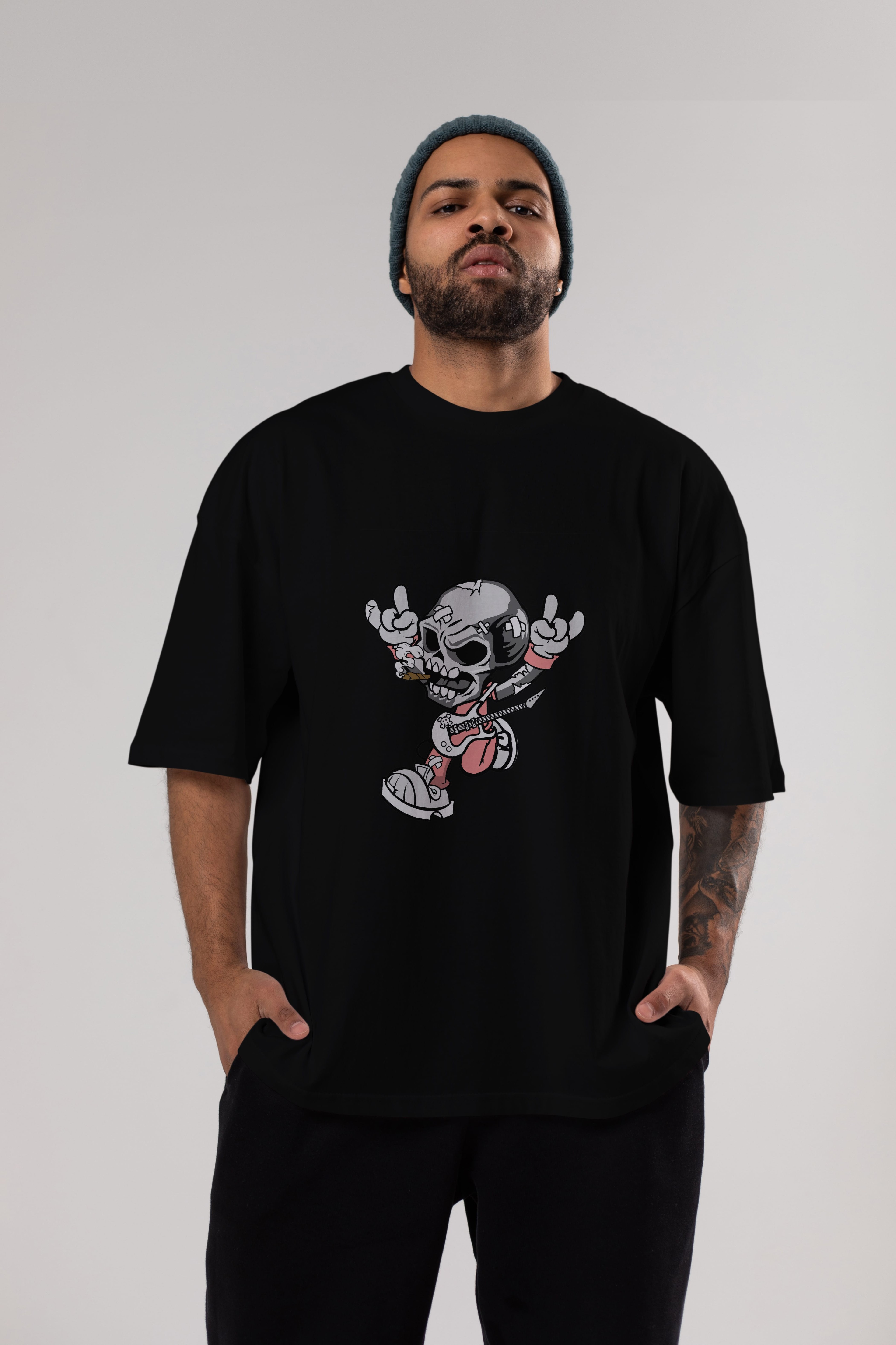 Skull Metal Sign Ön Baskılı Oversize t-shirt Erkek Kadın Unisex %100 Pamuk tişort