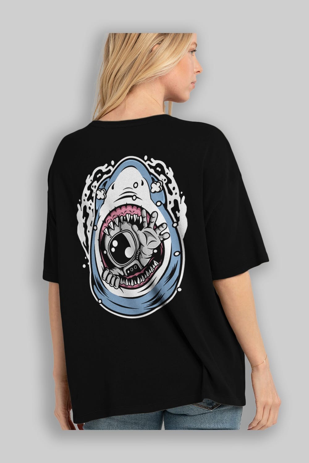 Astronaut Shark Arka Baskılı Oversize t-shirt Erkek Kadın Unisex