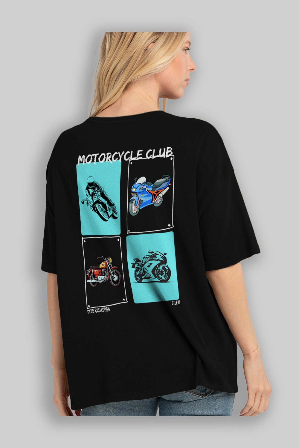 Motorcycle Club Arka Baskılı Oversize t-shirt Erkek Kadın %100 Pamuk Bisiklet Yaka tişort
