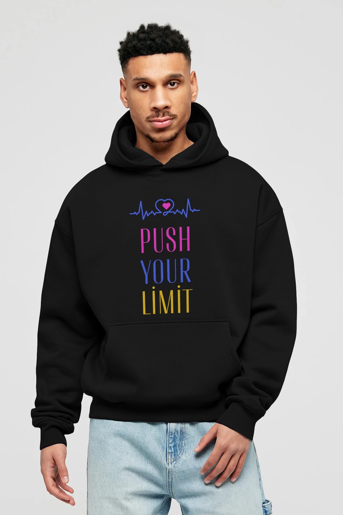 Push Your Limit Yazılı Ön Baskılı Oversize Hoodie Kapüşonlu Sweatshirt Erkek Kadın Unisex