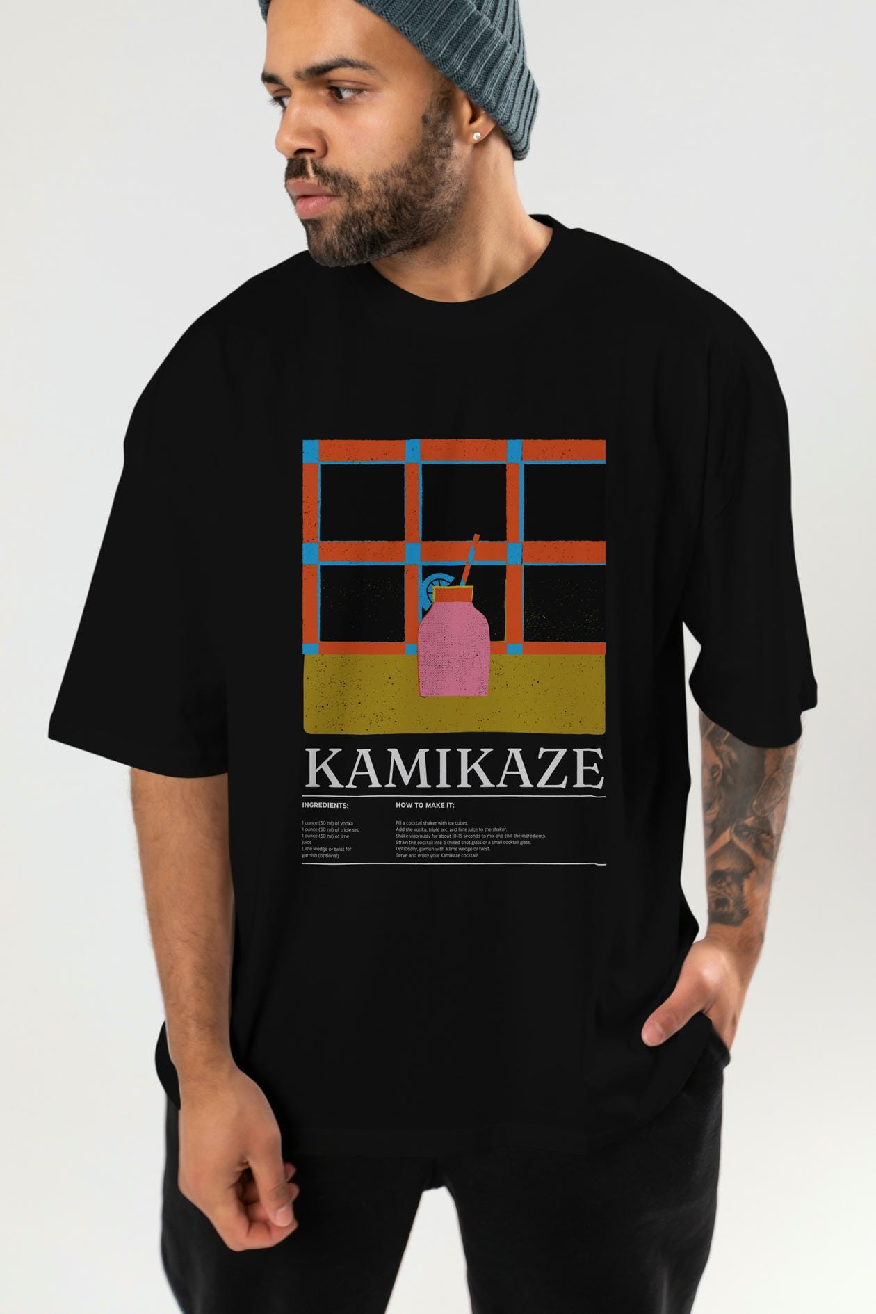 Kamikaze Kokteyl Ön Baskılı Oversize t-shirt Erkek Kadın %100 Pamuk Bisiklet Yaka tişort