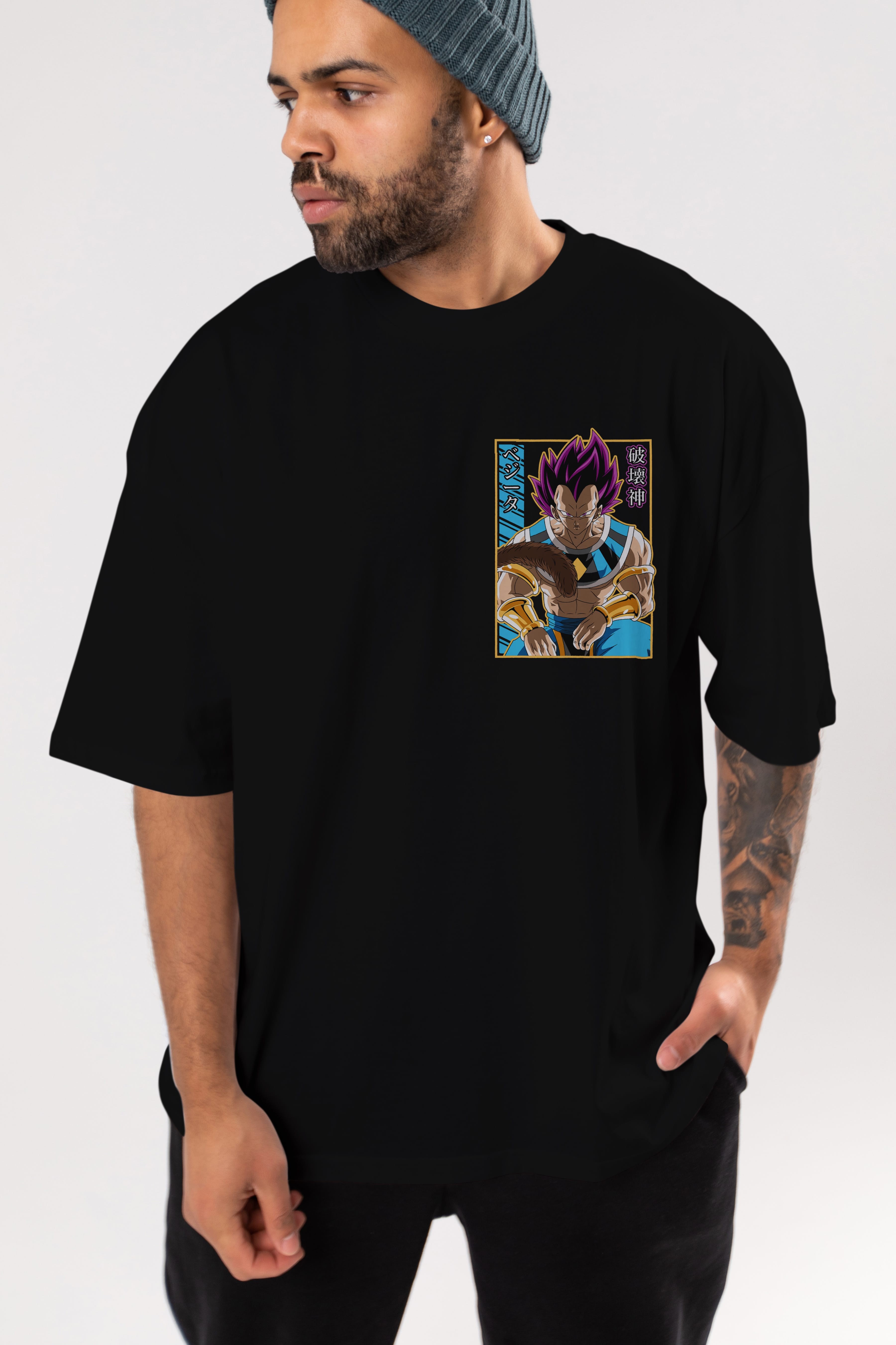 DragonBall VegetaHakaishin Ön Sol Baskılı Oversize t-shirt Erkek Kadın Unisex %100 Pamuk Bisiklet Yaka tişort