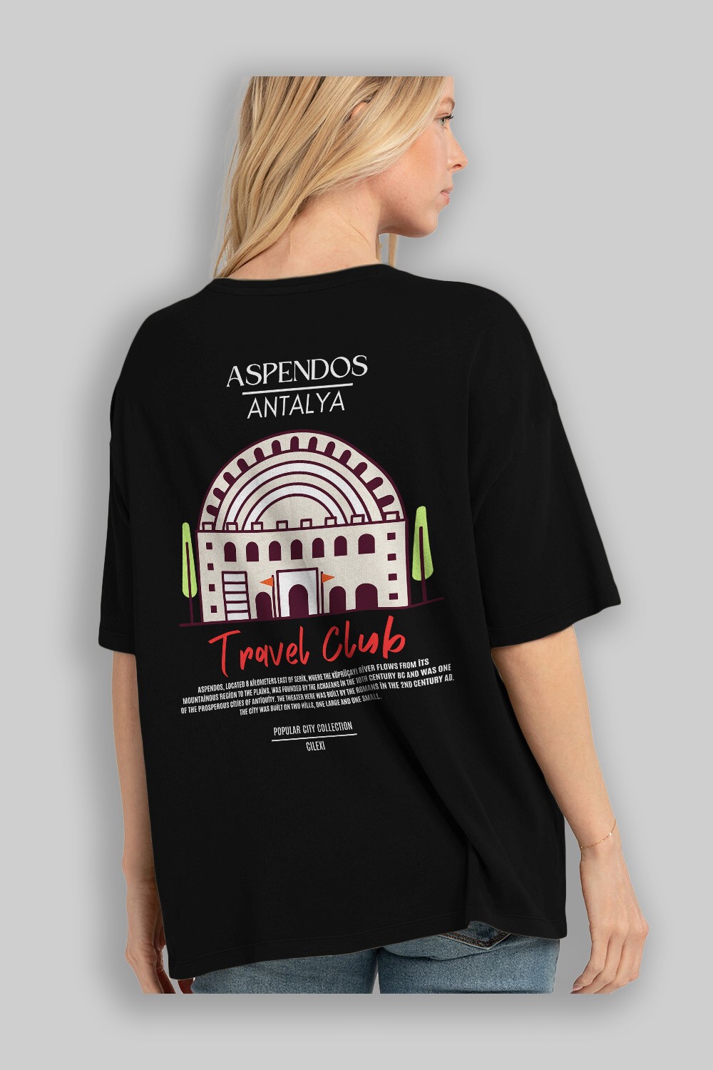 Aspendos Antalya Arka Baskılı Oversize t-shirt Erkek Kadın Pamuk Bisiklet Yaka tişort