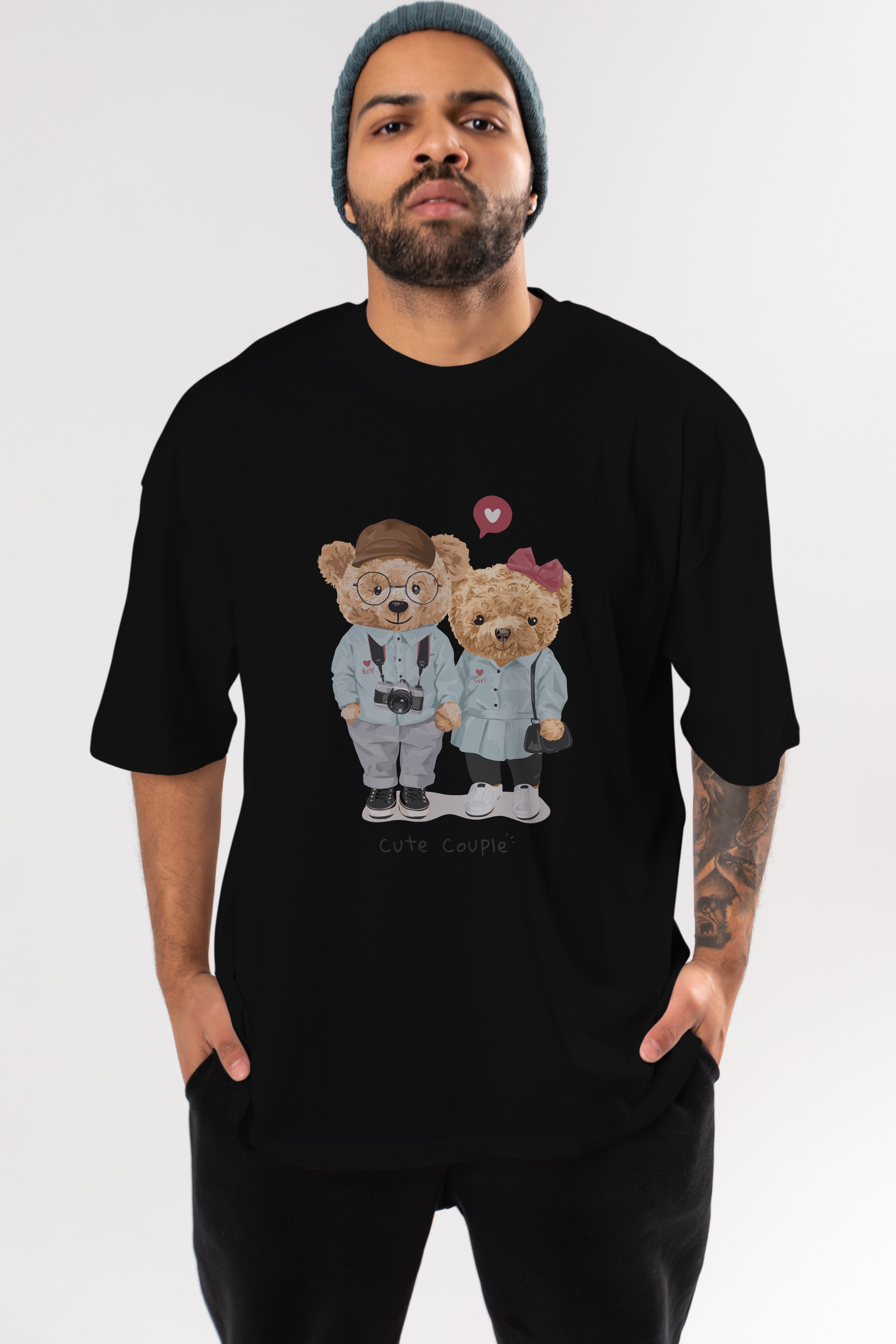 Teddy Bear Cute Couple Ön Baskılı Oversize t-shirt Erkek Kadın Unisex %100 Pamuk