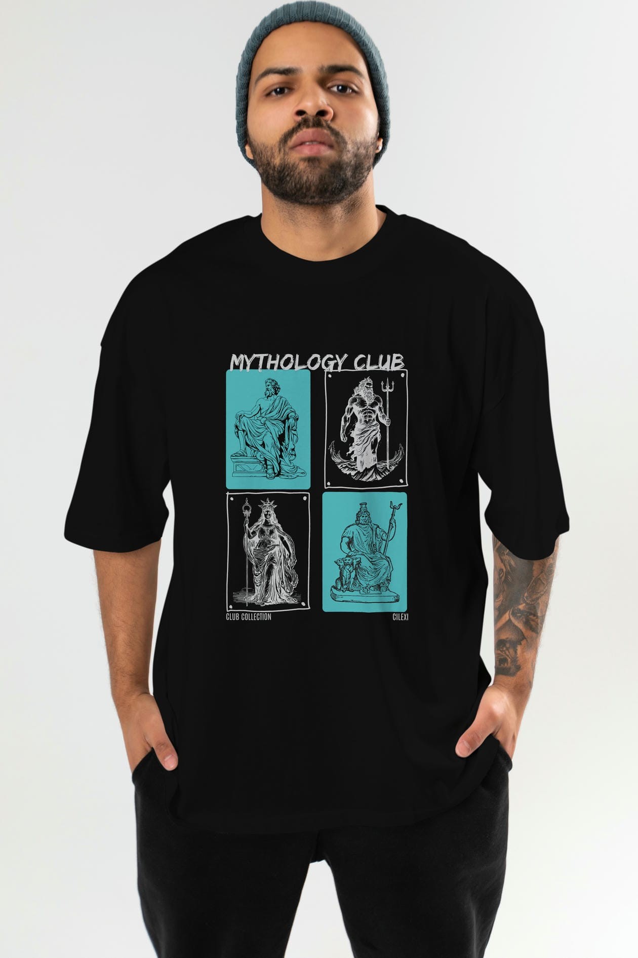 Mythology Club ön Baskılı Oversize t-shirt Erkek Kadın %100 Pamuk Bisiklet Yaka tişort