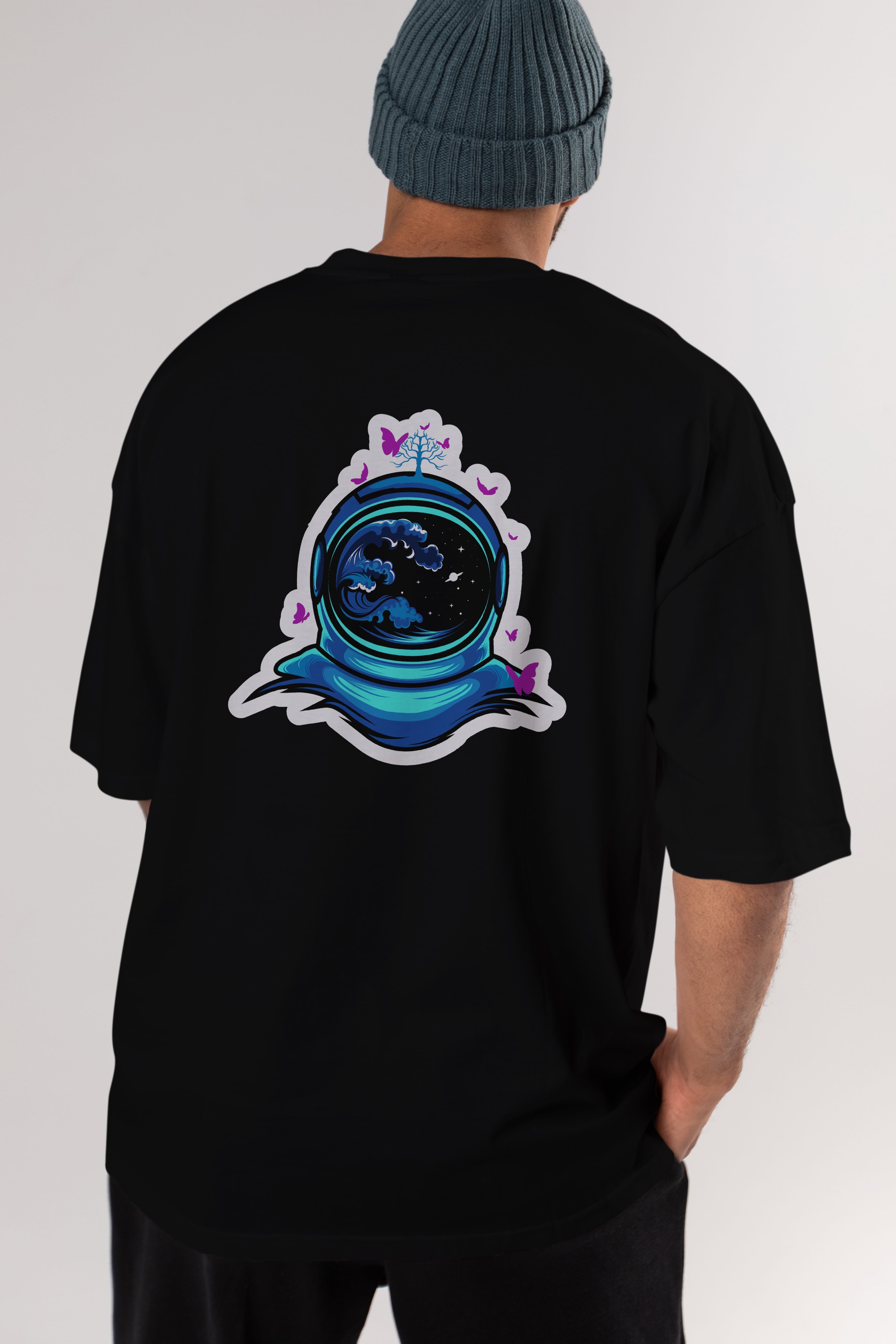 Astronaut and Butterfly Sticker Arka Baskılı Oversize t-shirt Erkek Kadın Unisex