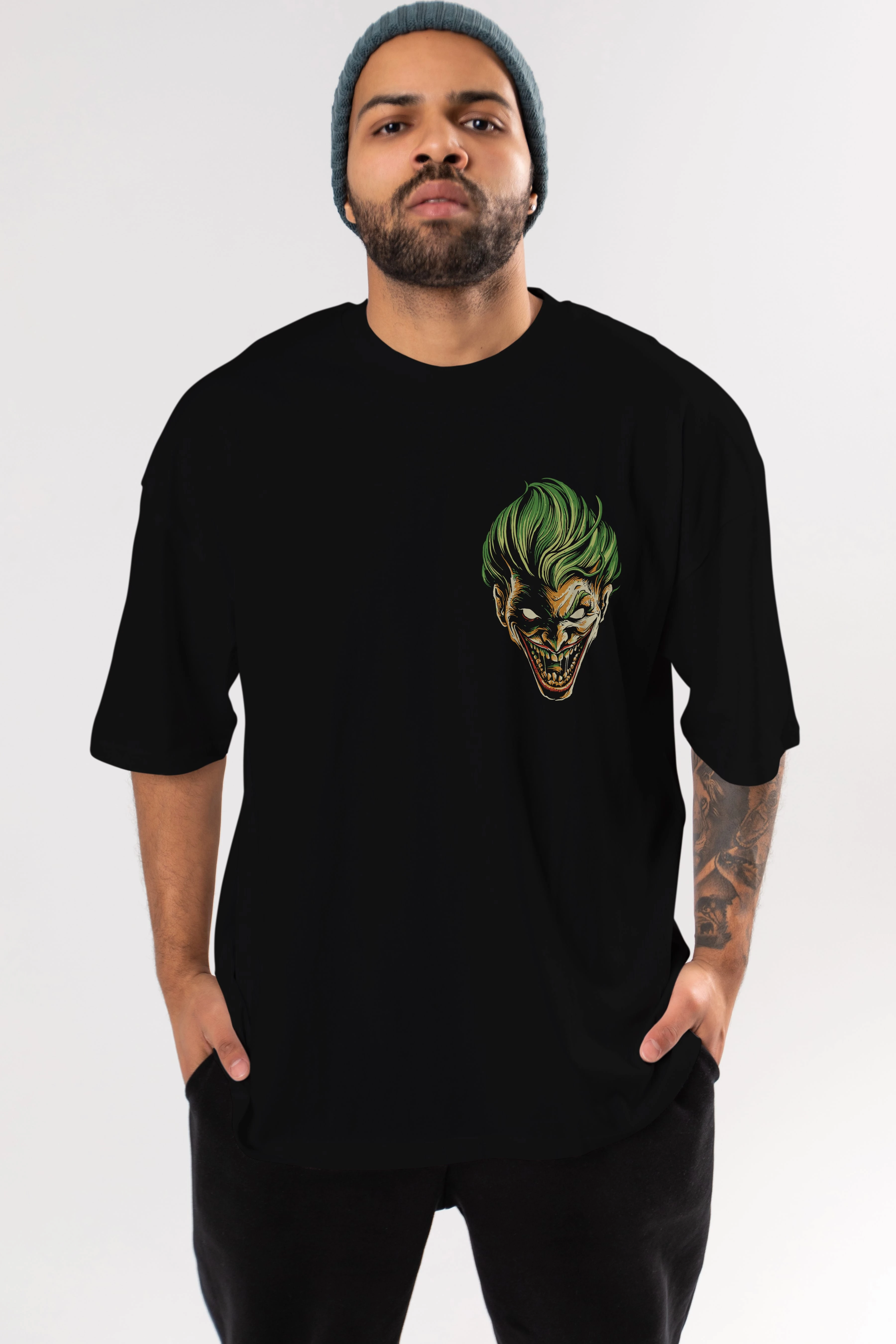 Joker (3) Ön Sol Baskılı Oversize t-shirt Erkek Kadın Unisex %100 Pamuk Bisiklet Yaka tişort
