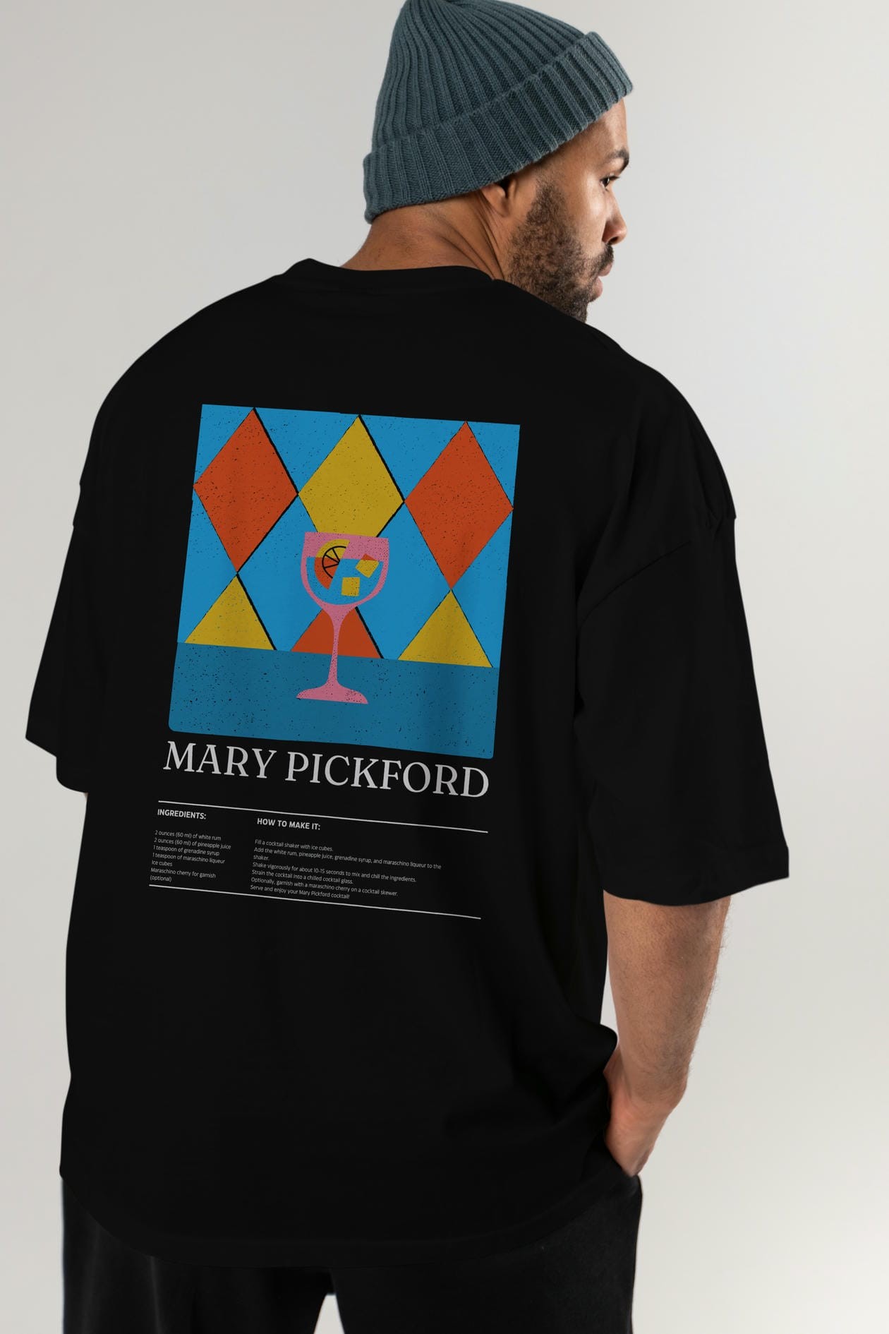 Mary Pickford Kokteyl Serisi Arka Baskılı Oversize t-shirt Erkek Kadın %100 Pamuk Bisiklet Yaka tişort