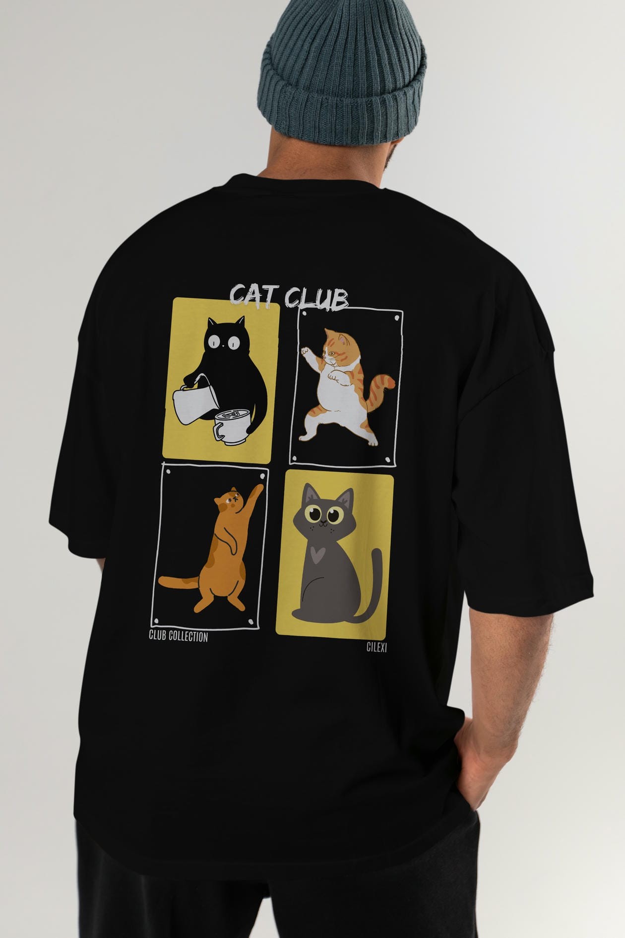 Cat Club Arka Baskılı Oversize t-shirt Erkek Kadın %100 Pamuk Bisiklet Yaka tişort