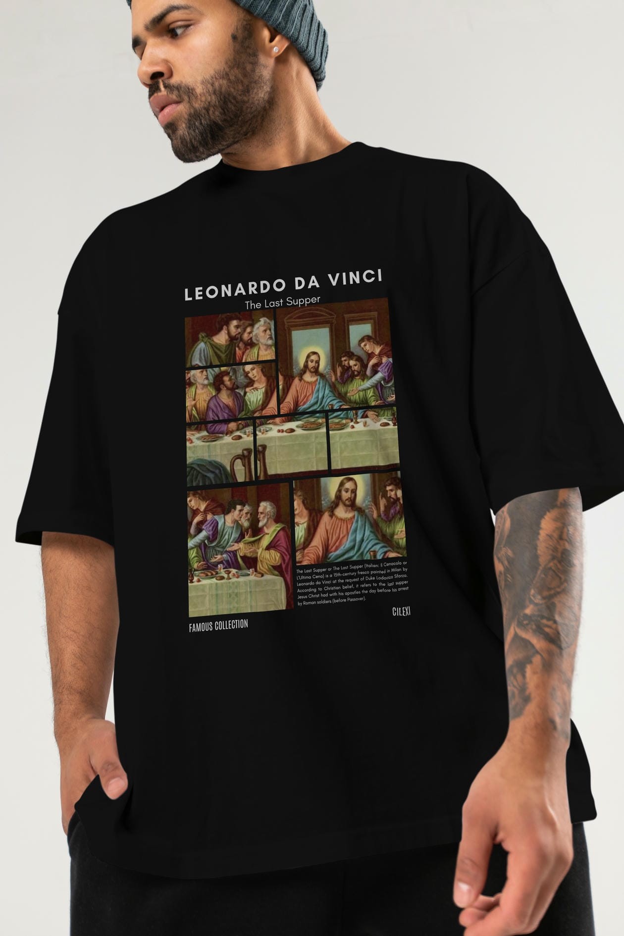 Leonardo Da Vinci ön Baskılı Oversize t-shirt Erkek Kadın Bisiklet Yaka Pamuk tişort