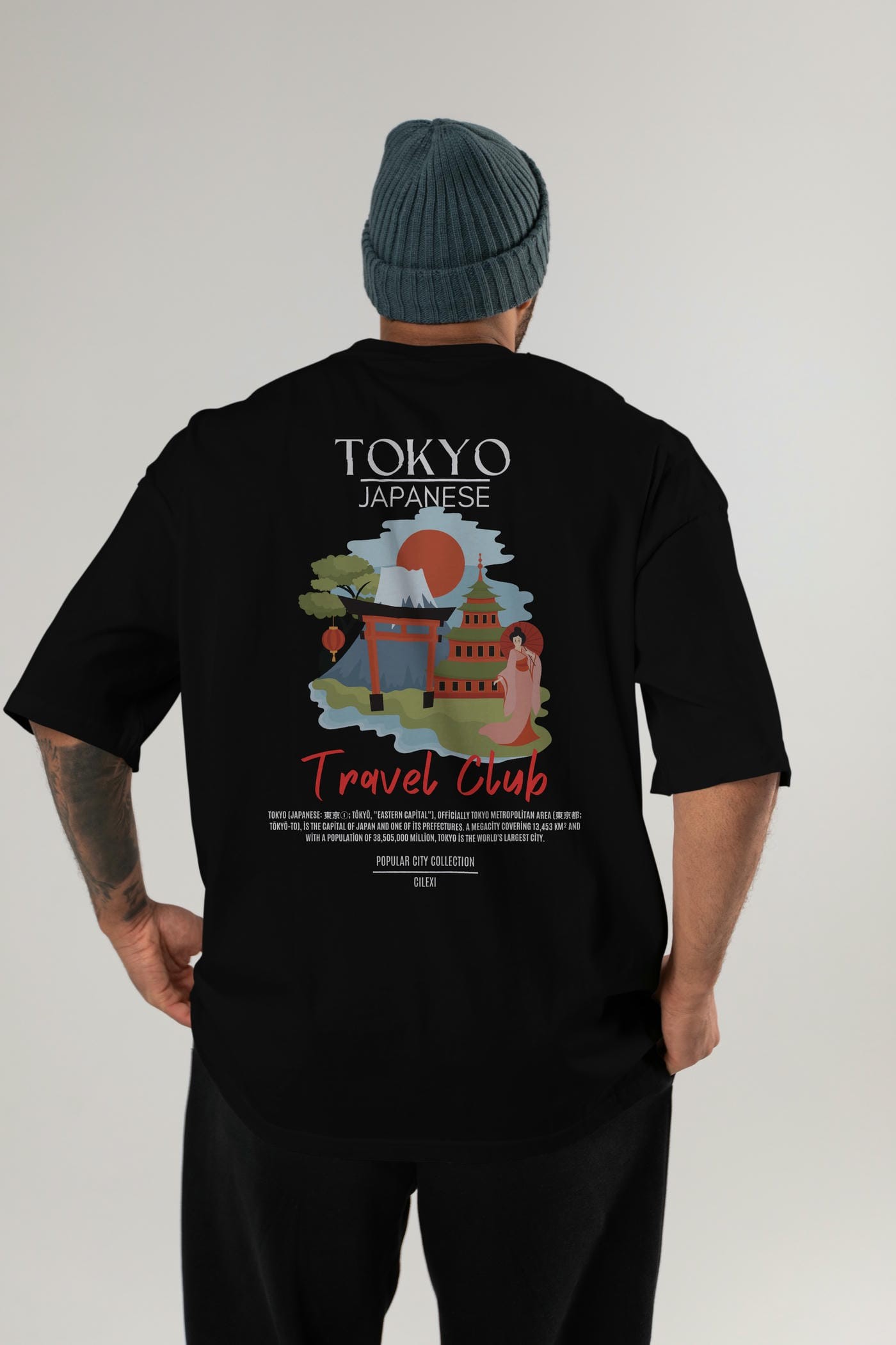 Tokyo Japanese Arka Baskılı Oversize t-shirt Erkek Kadın Pamuk Bisiklet Yaka tişort