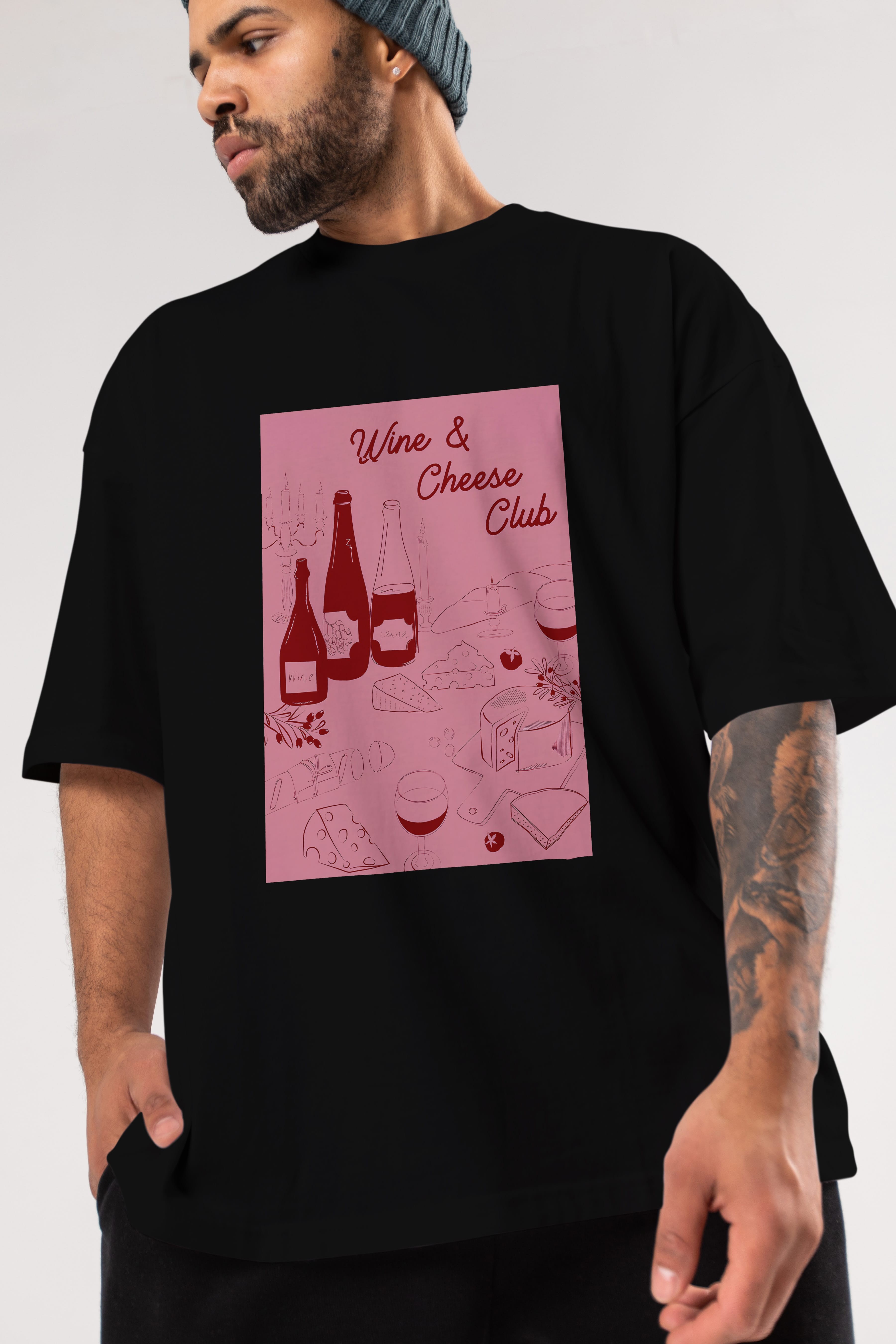 Wine Cheese Club Ön Baskılı Oversize t-shirt Erkek Kadın Unisex %100 Pamuk Bisiklet Yaka tişort