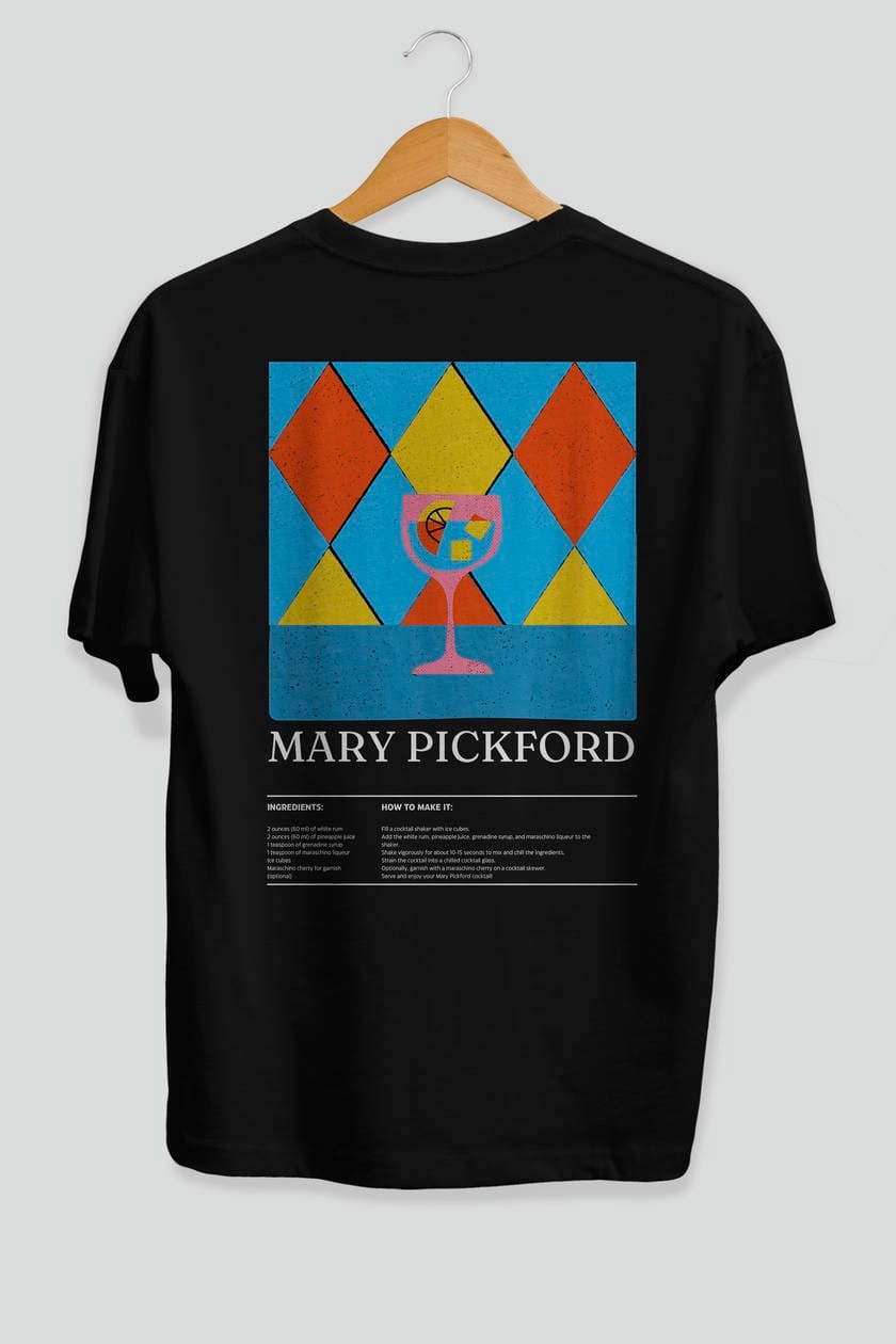 Mary Pickford Kokteyl Serisi Arka Baskılı Oversize t-shirt Erkek Kadın %100 Pamuk Bisiklet Yaka tişort