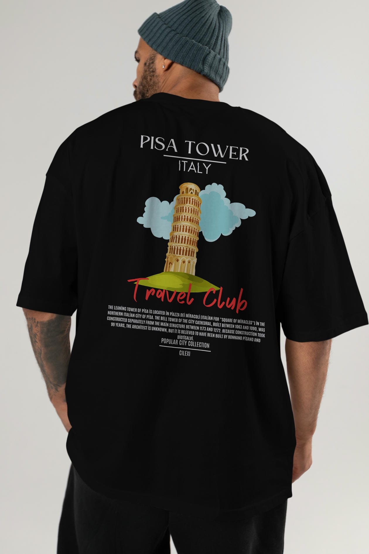 Pisa Tower İtaly Arka Baskılı Oversize t-shirt Erkek Kadın Pamuk Bisiklet Yaka tişort