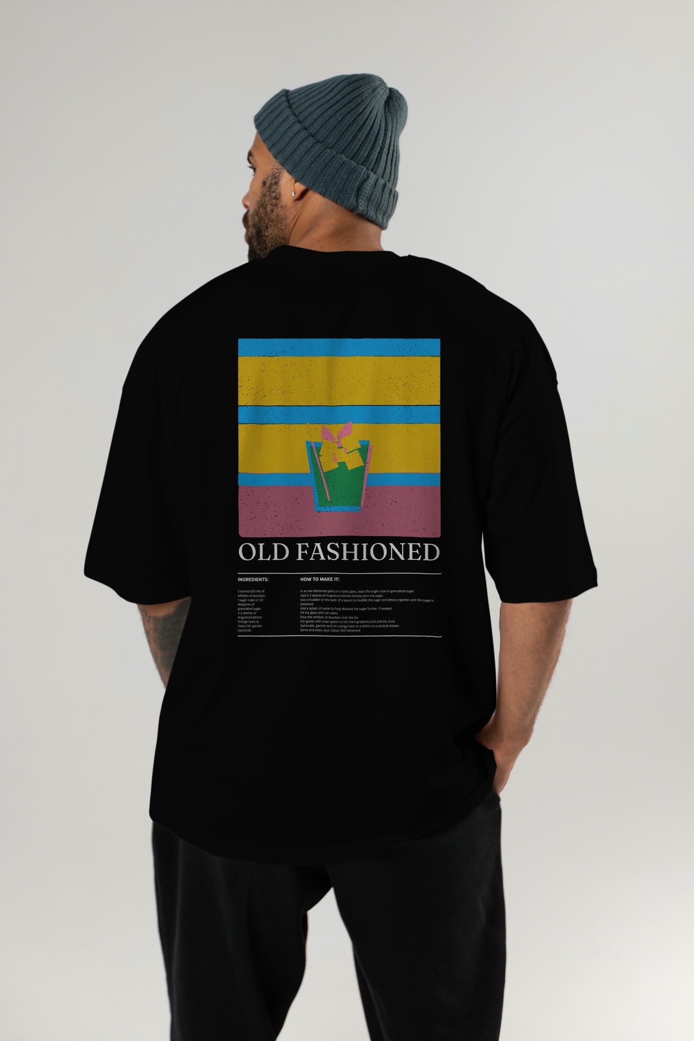 Old Fashioned Kokteyl Serisi Arka Baskılı Oversize t-shirt Erkek Kadın %100 Pamuk Bisiklet Yaka tişort