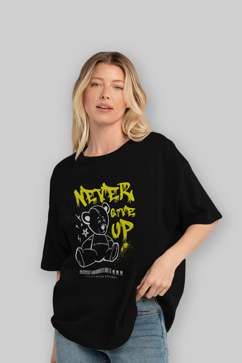 Teddy Bear Never Give Up Ön Baskılı Oversize t-shirt Erkek Kadın Unisex