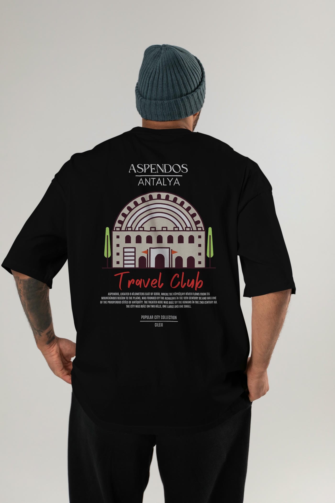 Aspendos Antalya Arka Baskılı Oversize t-shirt Erkek Kadın Pamuk Bisiklet Yaka tişort