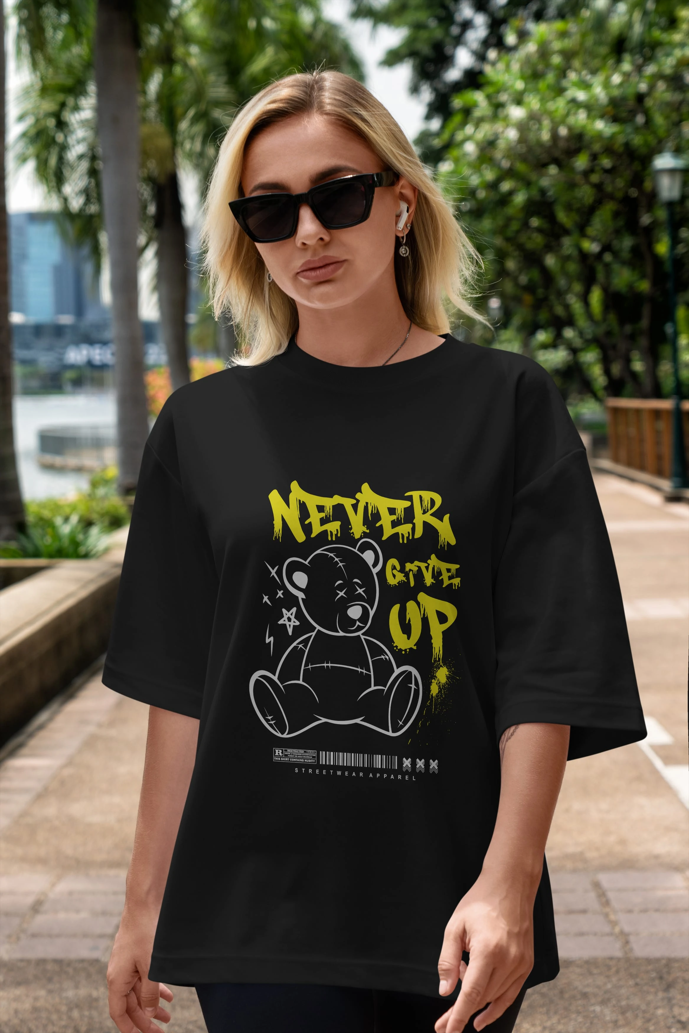 Teddy Bear Never Give Up Ön Baskılı Oversize t-shirt Erkek Kadın Unisex