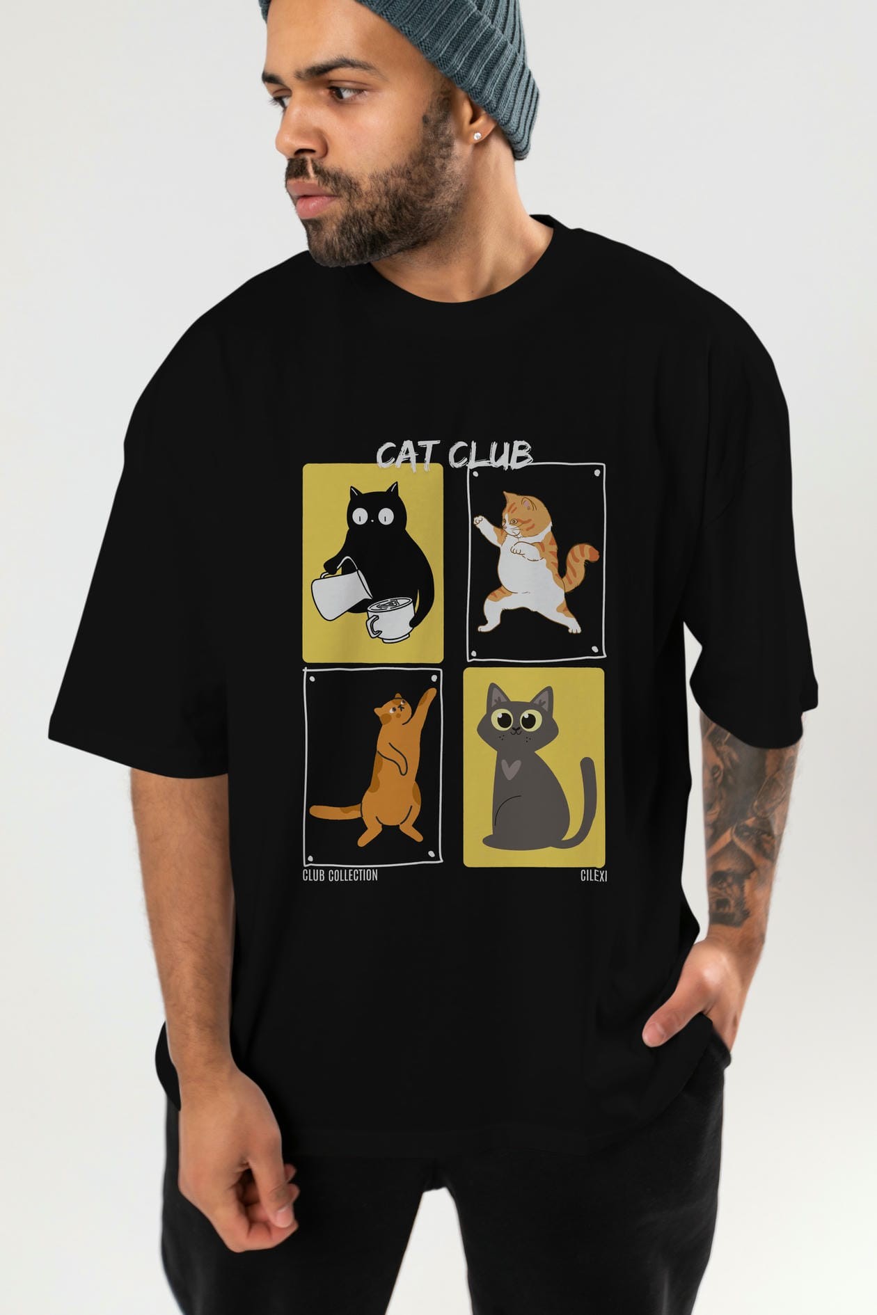 Cat Club ön Baskılı Oversize t-shirt Erkek Kadın %100 Pamuk Bisiklet Yaka tişort