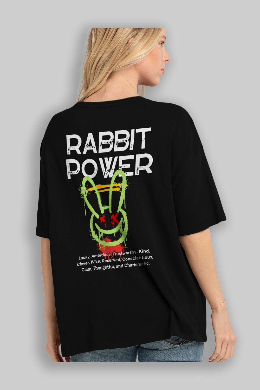 Rabbit Power Yazılı Arka Baskılı Oversize t-shirt Erkek Kadın Unisex