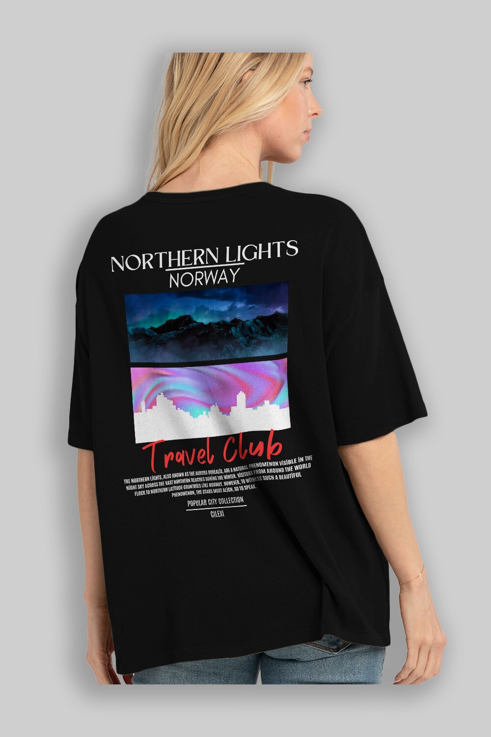 Northern Lights Norway Arka Baskılı Oversize t-shirt Erkek Kadın Pamuk Bisiklet Yaka tişort
