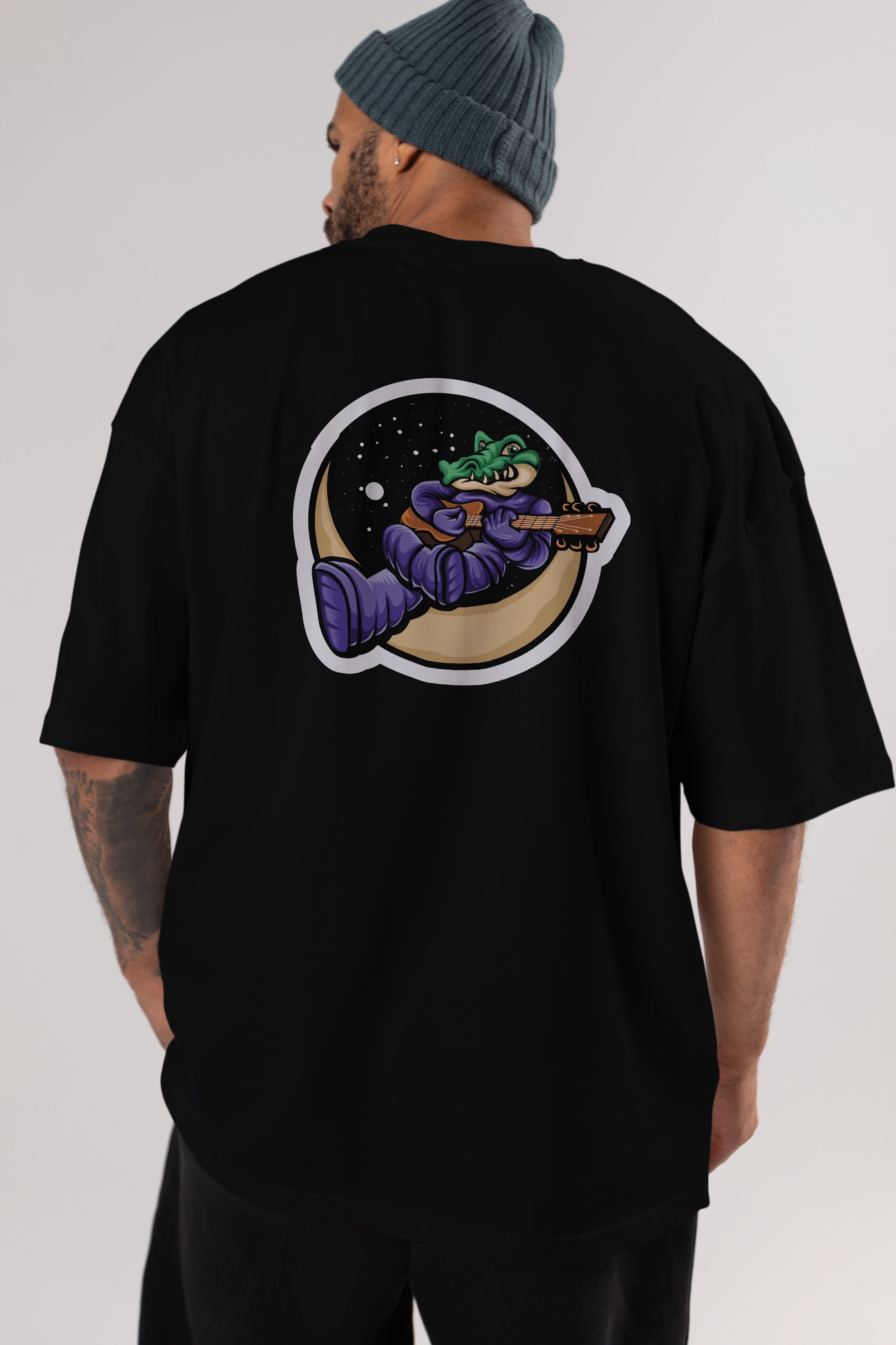 Space Crocodile Sticker Arka Baskılı Oversize t-shirt Erkek Kadın Unisex