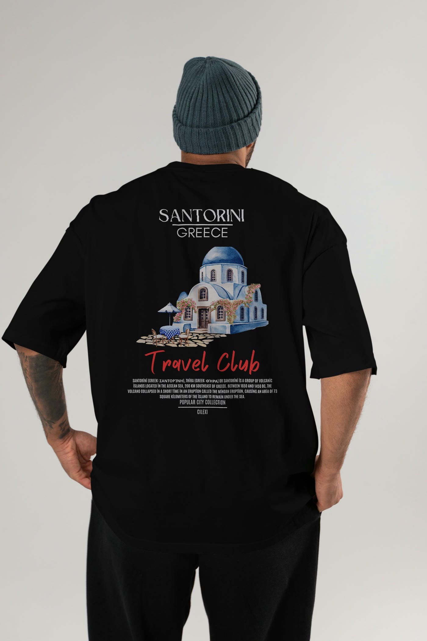 Santorini Greece Arka Baskılı Oversize t-shirt Erkek Kadın Pamuk Bisiklet Yaka tişort