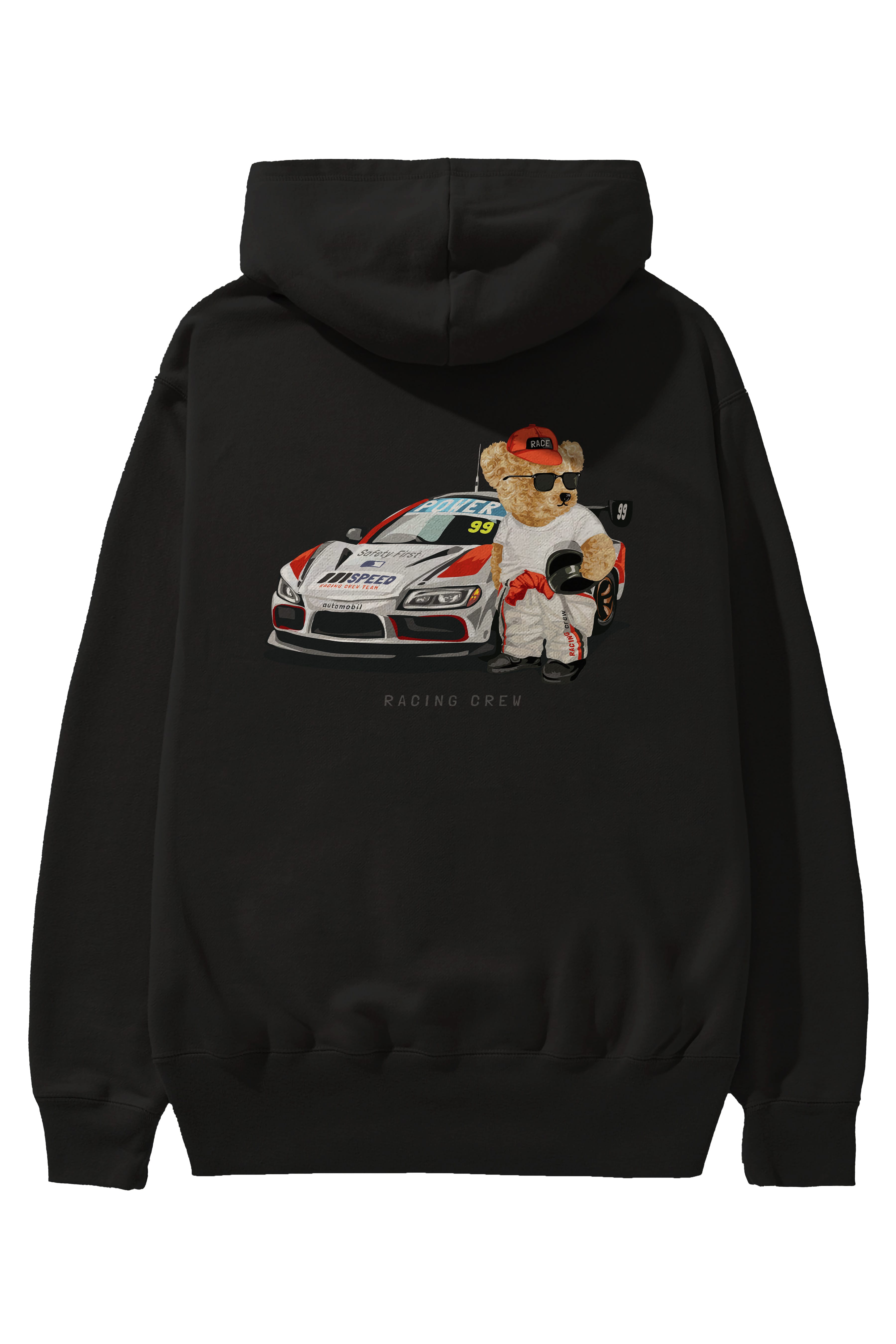 Teddy Bear Racing Crew Arka Baskılı Hoodie Oversize Kapüşonlu Sweatshirt Erkek Kadın Unisex