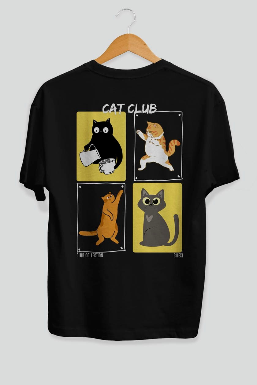 Cat Club Arka Baskılı Oversize t-shirt Erkek Kadın %100 Pamuk Bisiklet Yaka tişort