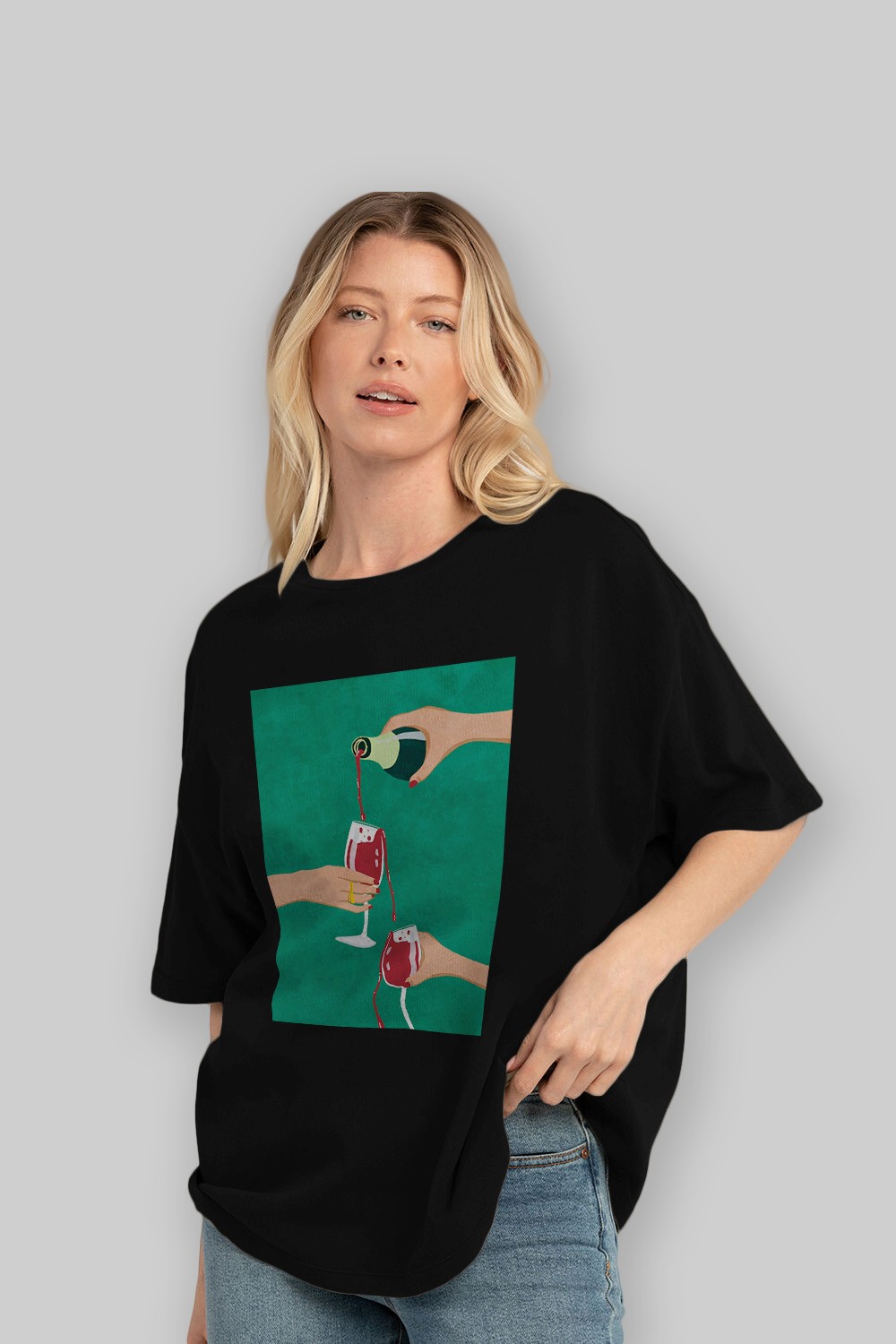 Wine 2 Ön Baskılı Oversize t-shirt Erkek Kadın Unisex %100 Pamuk Bisiklet Yaka tişort