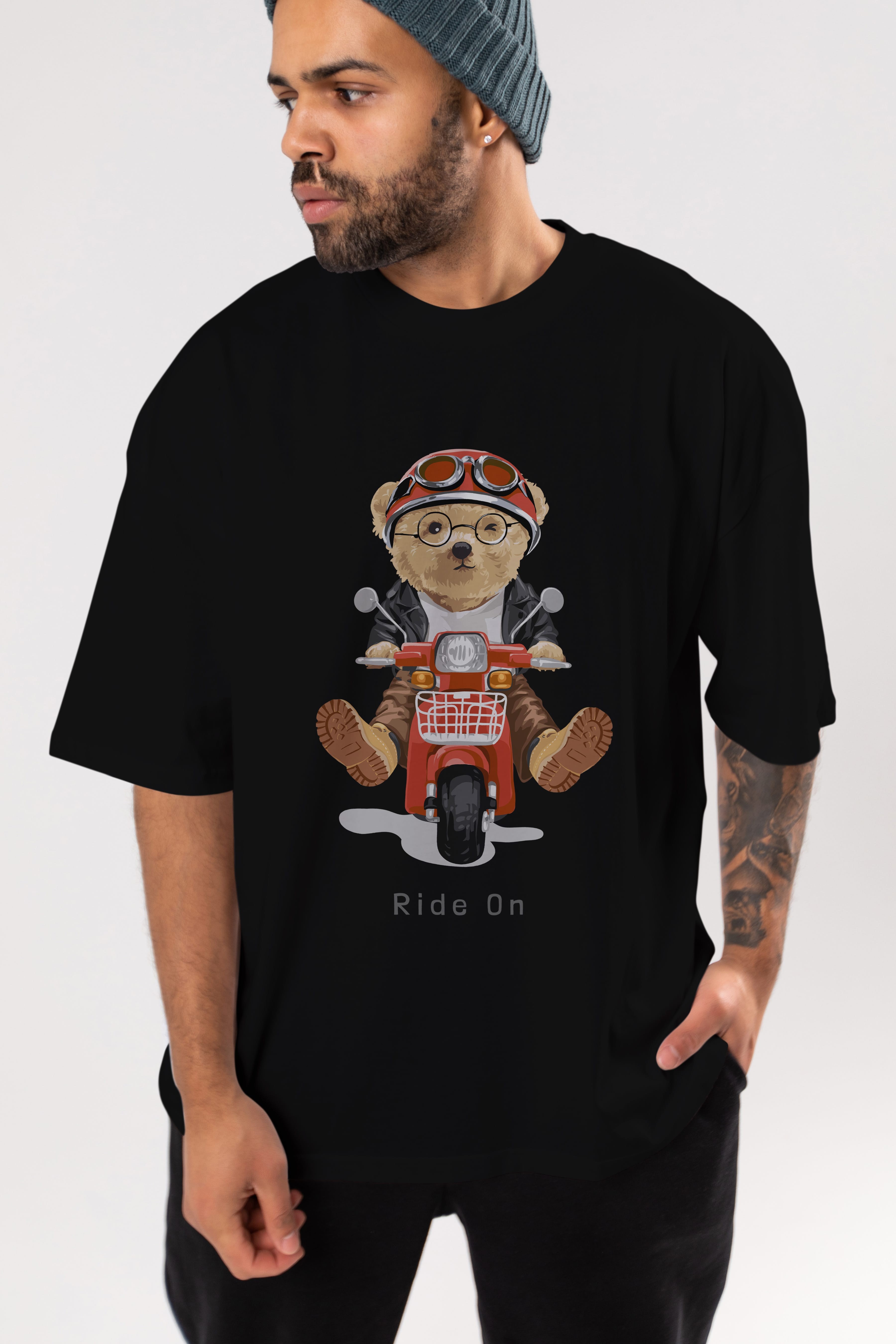 Teddy Bear Ride On Ön Baskılı Oversize t-shirt Erkek Kadın Unisex %100 Pamuk