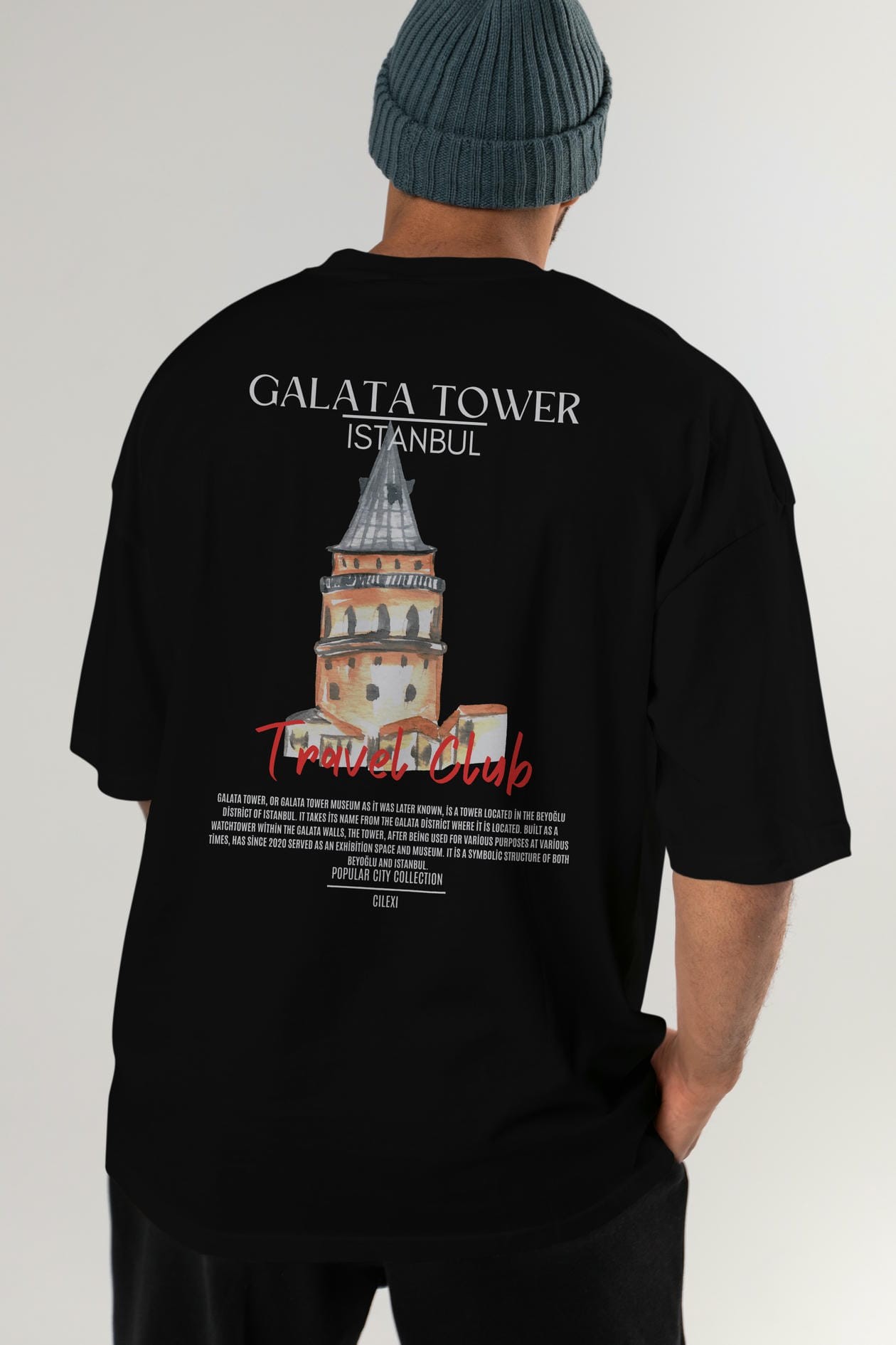 Galata Tower İstanbul Arka Baskılı Oversize t-shirt Erkek Kadın Pamuk Bisiklet Yaka tişort