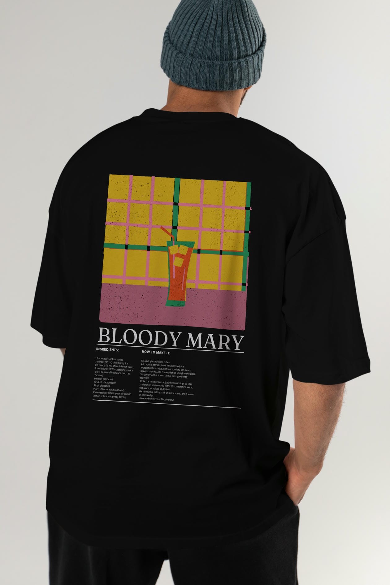 Bloody Mary Kokteyl Serisi Arka Baskılı Oversize t-shirt Erkek Kadın %100 Pamuk Bisiklet Yaka tişort