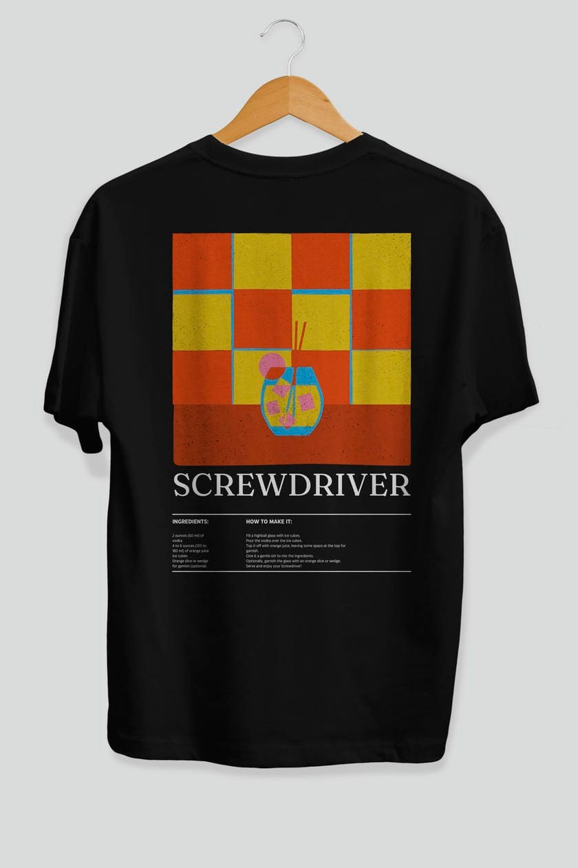 Screwdriver Kokteyl Serisi Arka Baskılı Oversize t-shirt Erkek Kadın %100 Pamuk Bisiklet Yaka tişort