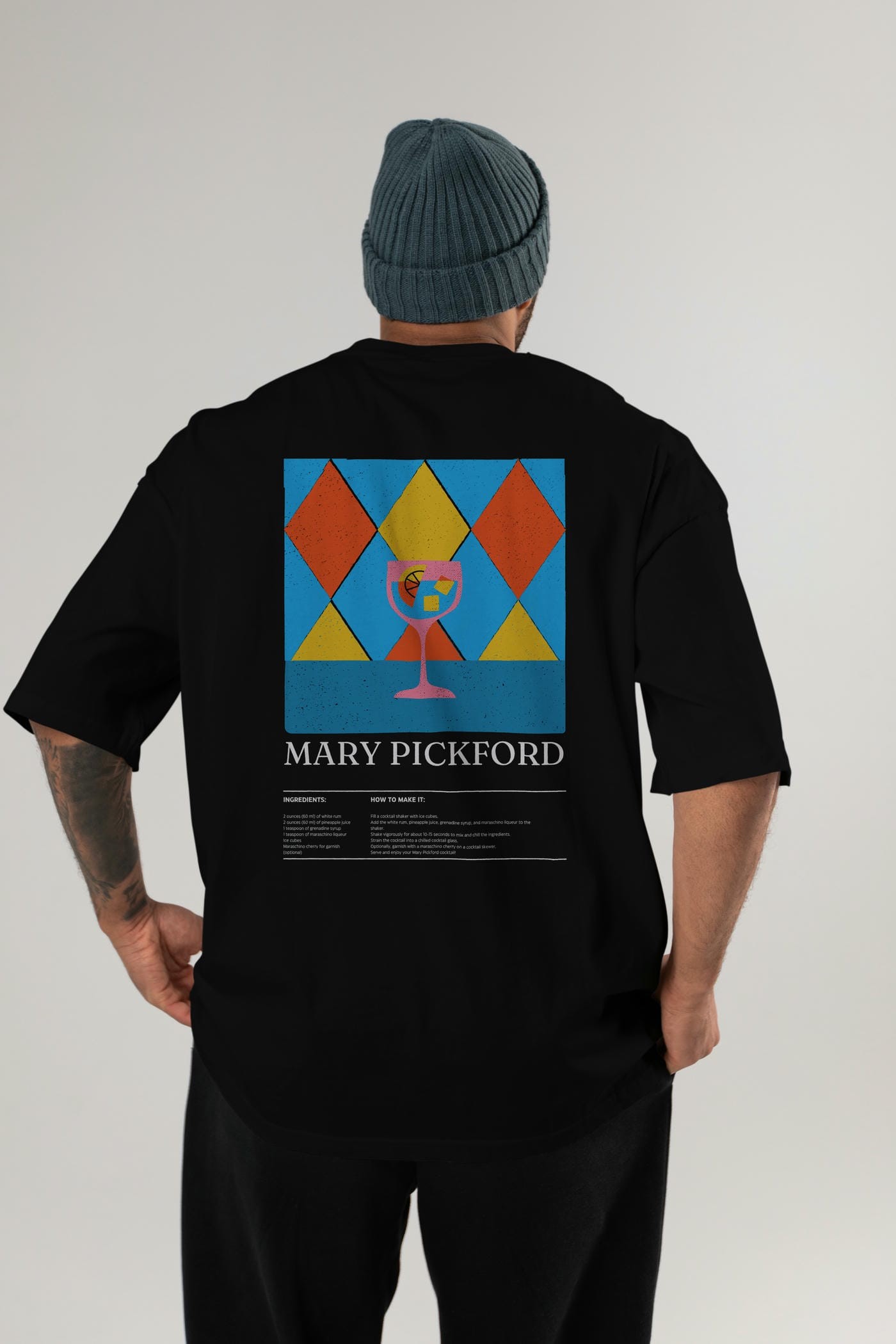 Mary Pickford Kokteyl Serisi Arka Baskılı Oversize t-shirt Erkek Kadın %100 Pamuk Bisiklet Yaka tişort