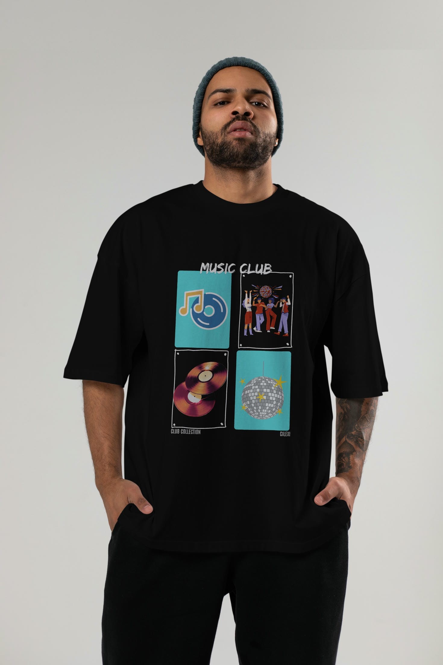 Music Club ön Baskılı Oversize t-shirt Erkek Kadın %100 Pamuk Bisiklet Yaka tişort