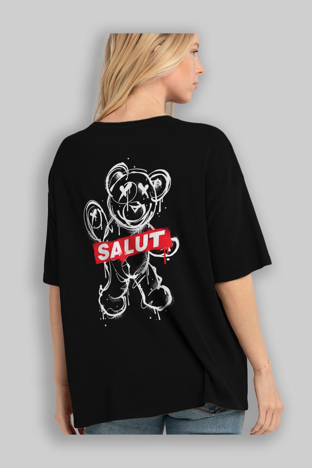 Teddy Bear Salut Arka Baskılı Oversize t-shirt Erkek Kadın Unisex