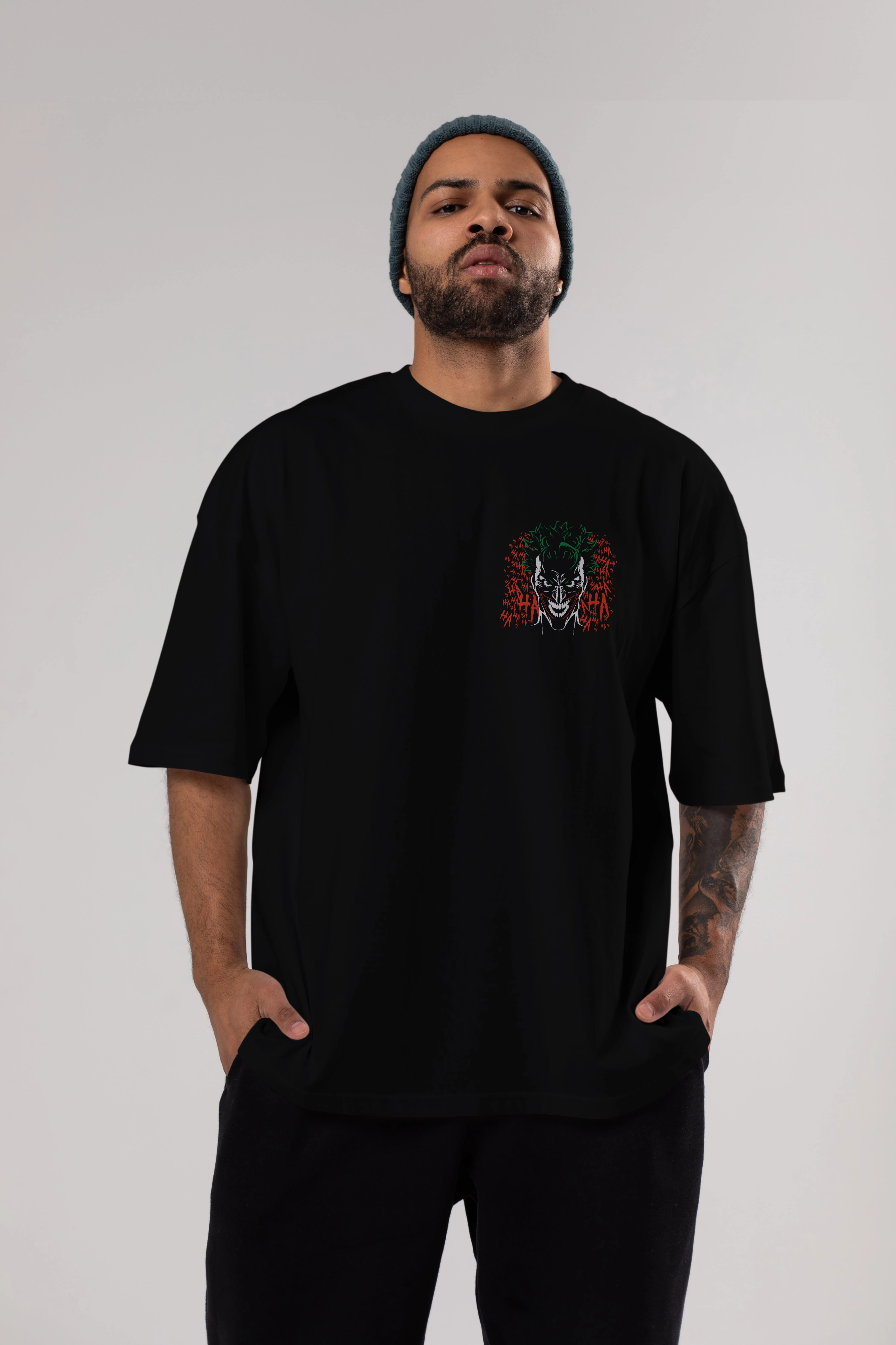 Joker (5) Ön Sol Baskılı Oversize t-shirt Erkek Kadın Unisex %100 Pamuk Bisiklet Yaka tişort