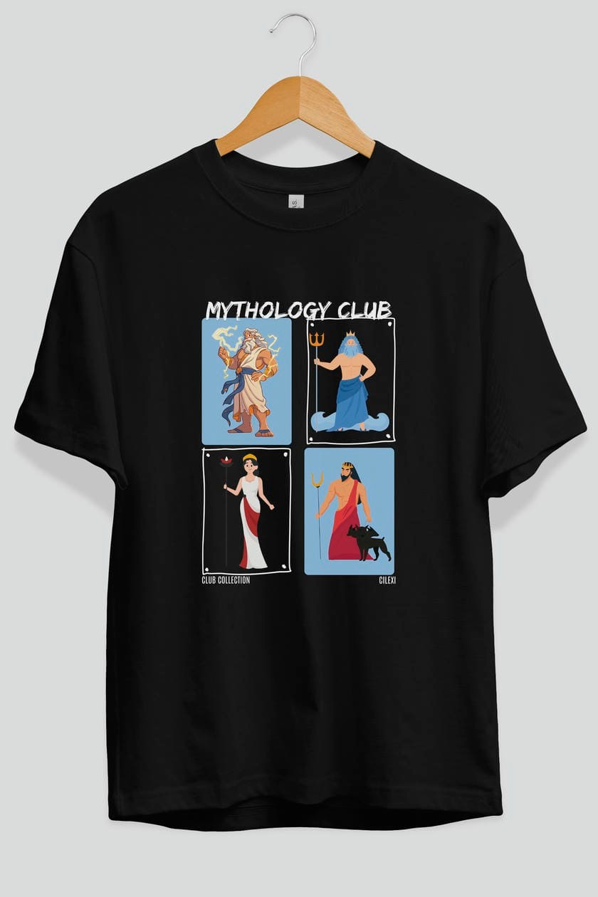 Mythology Club 2 ön Baskılı Oversize t-shirt Erkek Kadın %100 Pamuk Bisiklet Yaka tişort