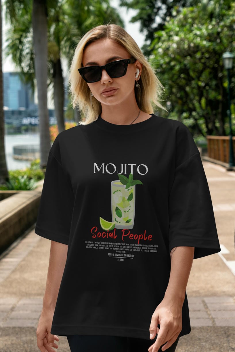Mojıto Kokteyl Serisi ön Baskılı Oversize t-shirt Erkek Kadın %100 Pamuk Bisiklet Yaka tişort
