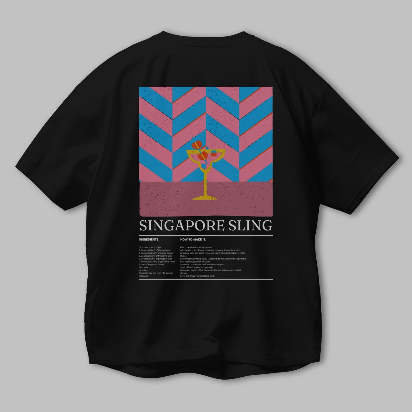 Singapore Sling Kokteyl Serisi Arka Baskılı Oversize t-shirt Erkek Kadın %100 Pamuk Bisiklet Yaka tişort